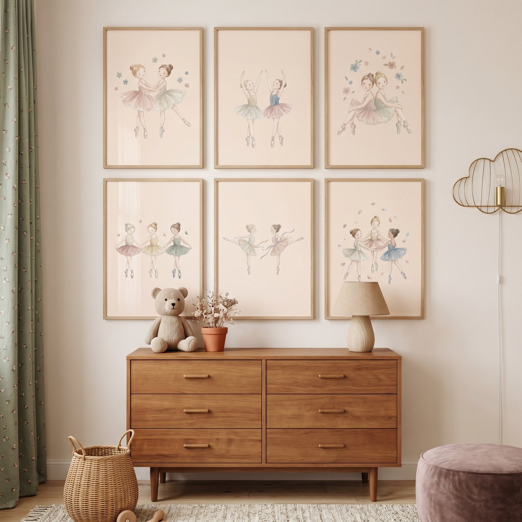 Muted Palette Dancing Ballerina Wall Art Set Of 6 - Whimsical Ballet Duo