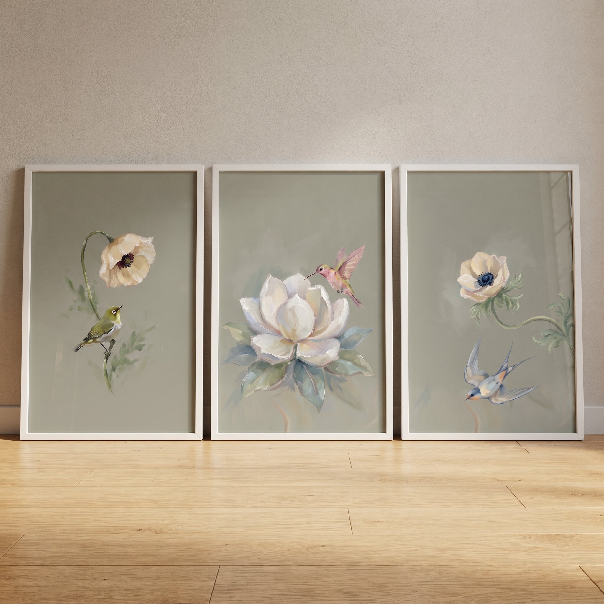 Muted Palette Garden Bird Artwork Set of 3 - Serene Garden Bloom