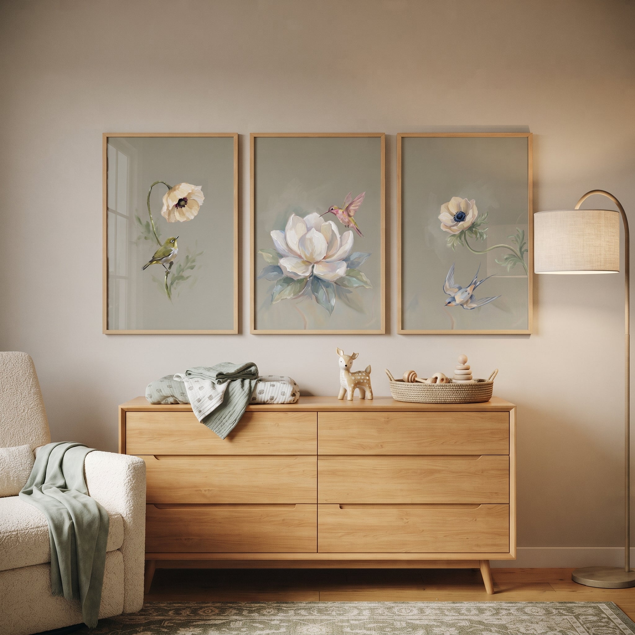 Muted Palette Garden Bird Artwork Set of 3 - Serene Garden Bloom