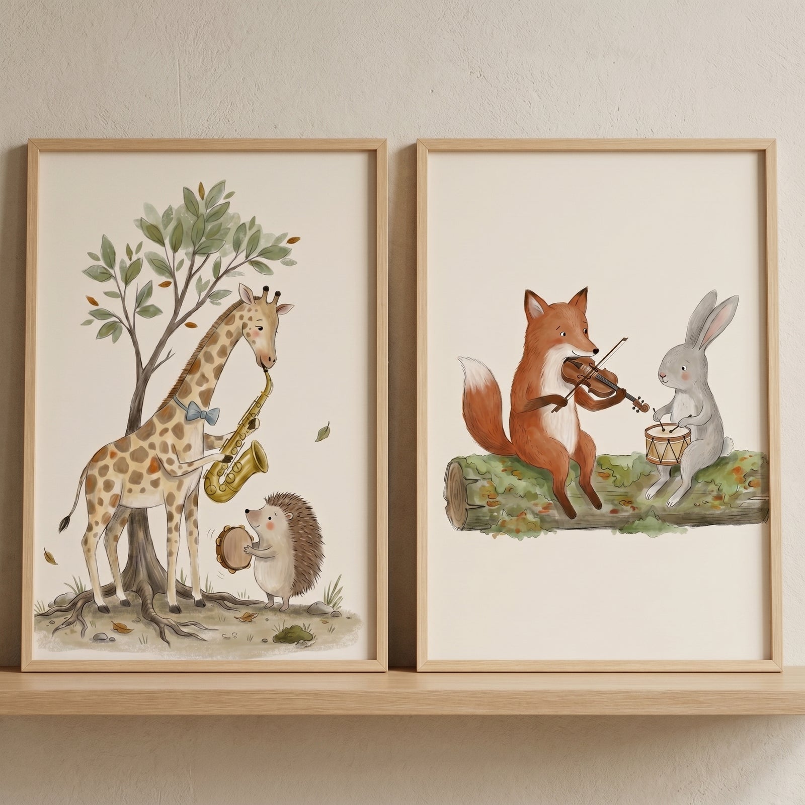 Watercolor muted palette musical animals wall art set of 2 featuring a giraffe, hedgehog, fox, and rabbit.