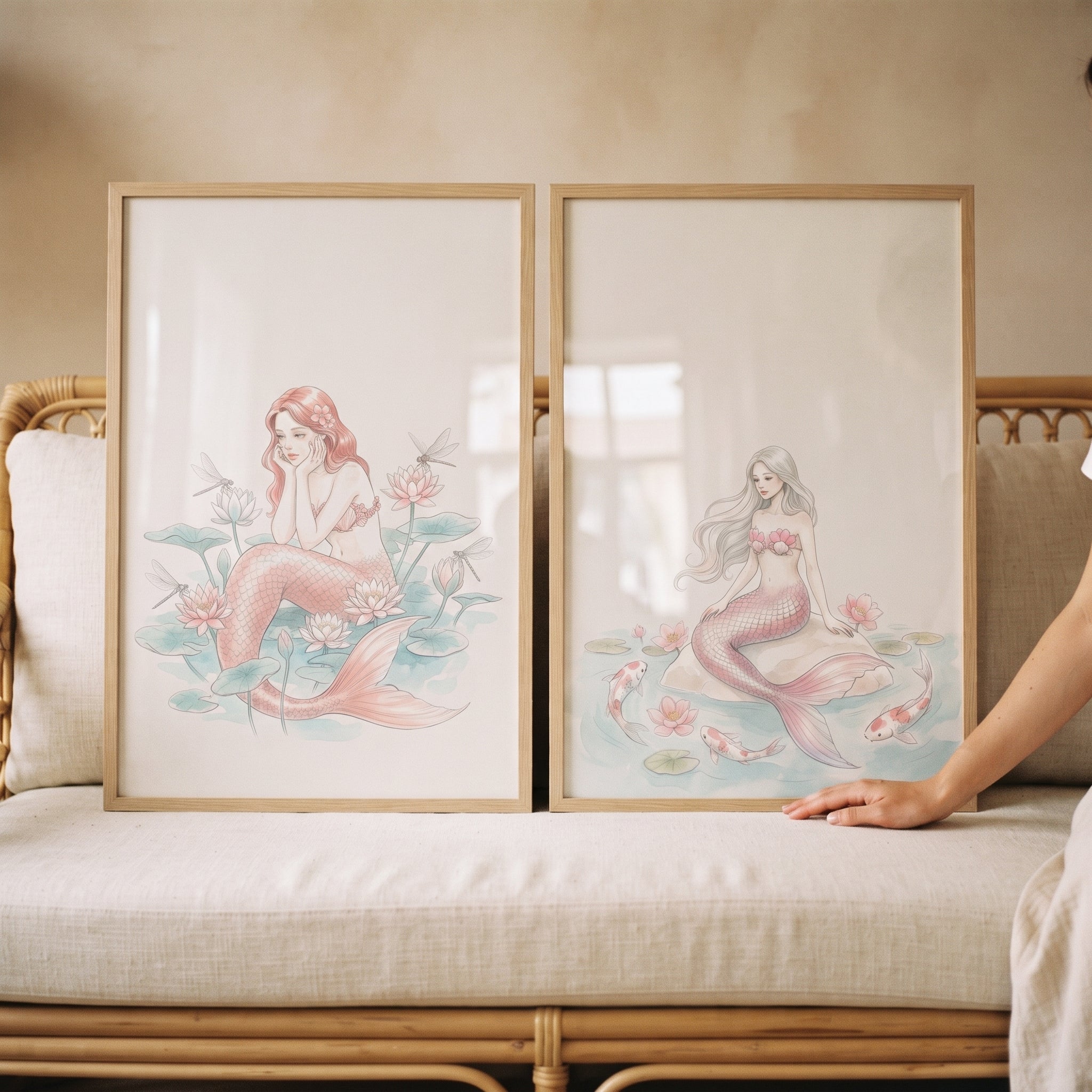 Muted Pastel Aquatic Mermaid Wall Art Set of 2 - Pastel Lotus Mermaids