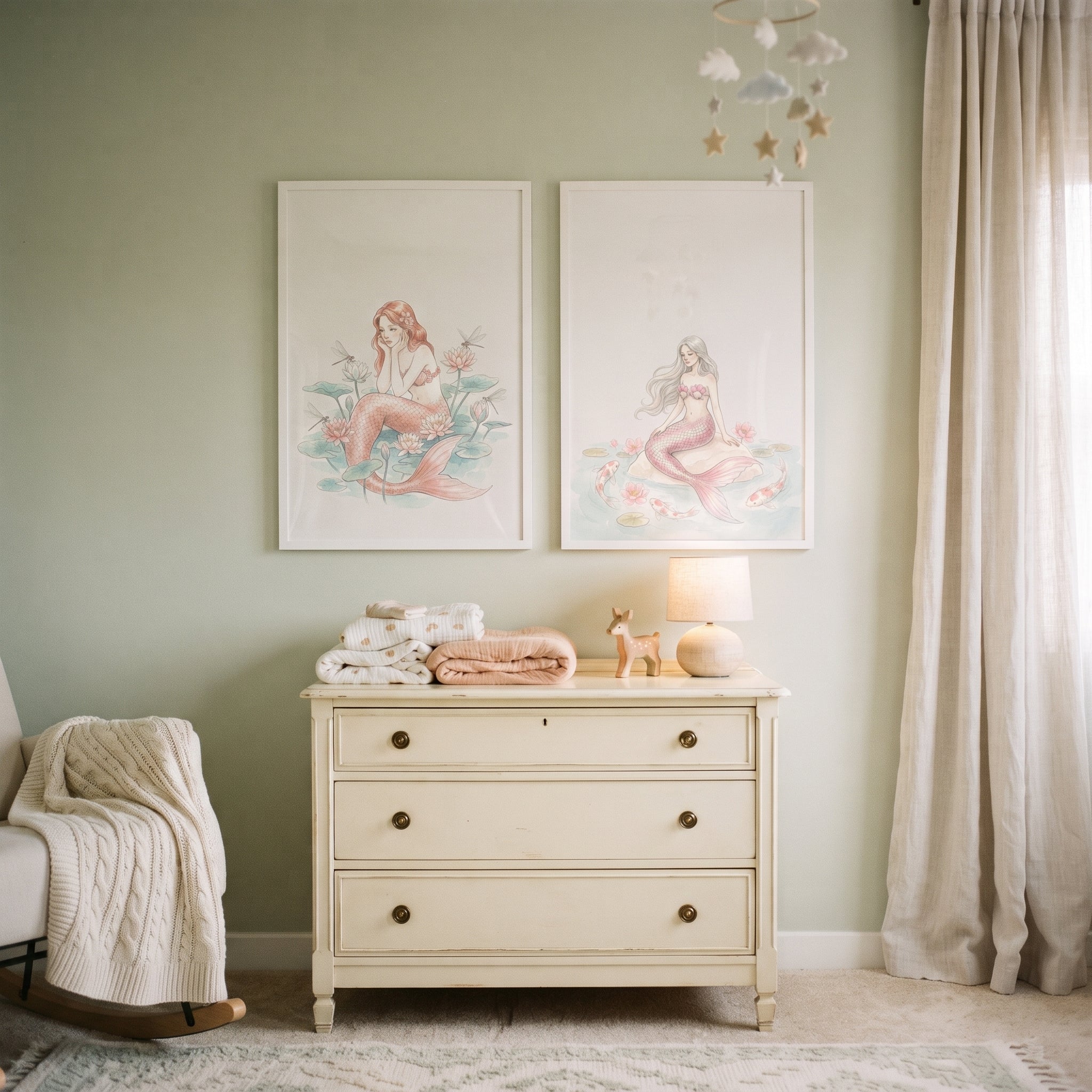 Muted Pastel Aquatic Mermaid Wall Art Set of 2 - Pastel Lotus Mermaids