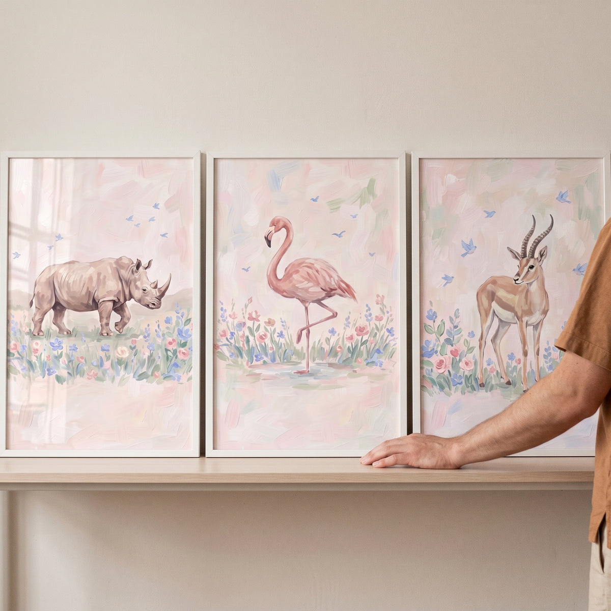 Muted Pastel Bluebird Safari Animals Print Set Of 3 - Blush Savannah Bloom