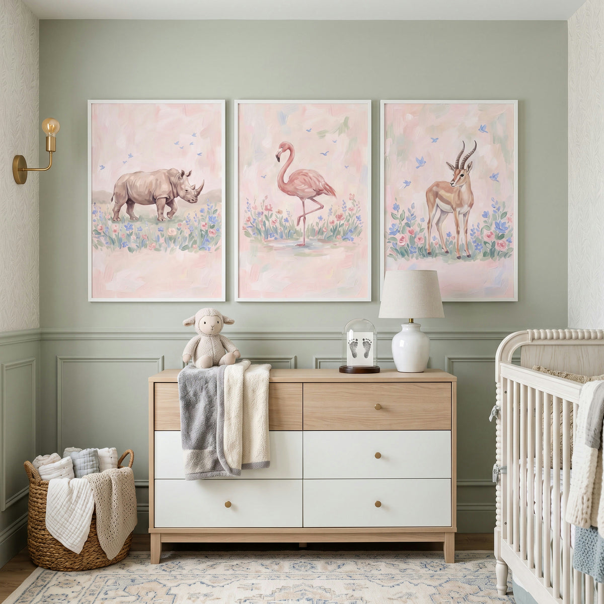 Muted Pastel Bluebird Safari Animals Print Set Of 3 - Blush Savannah Bloom