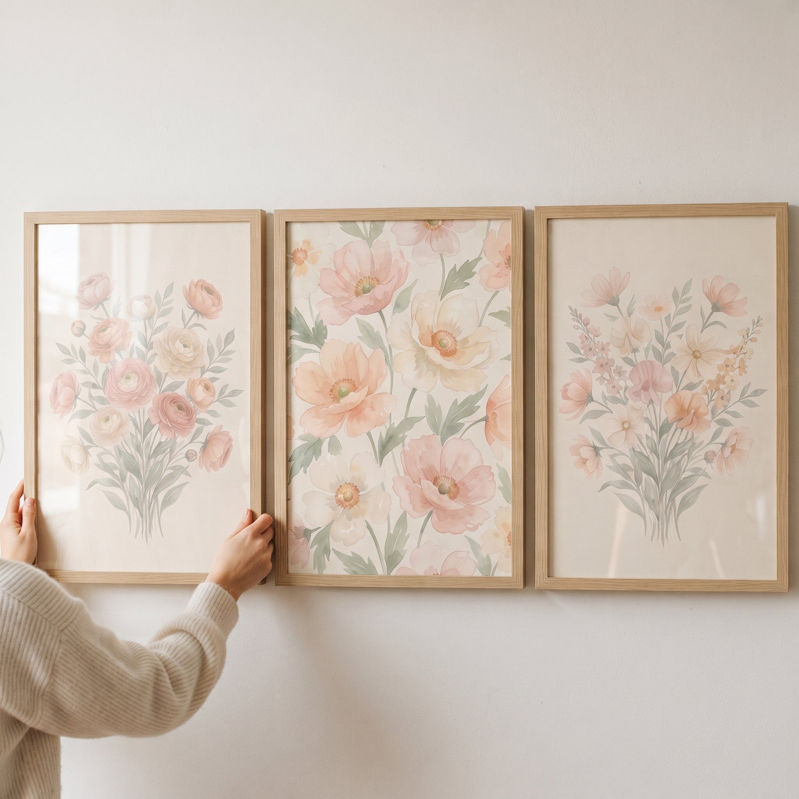 Hands adjust a muted pastel botanical floral wall art set of 3 in light wood frames against a neutral wall.