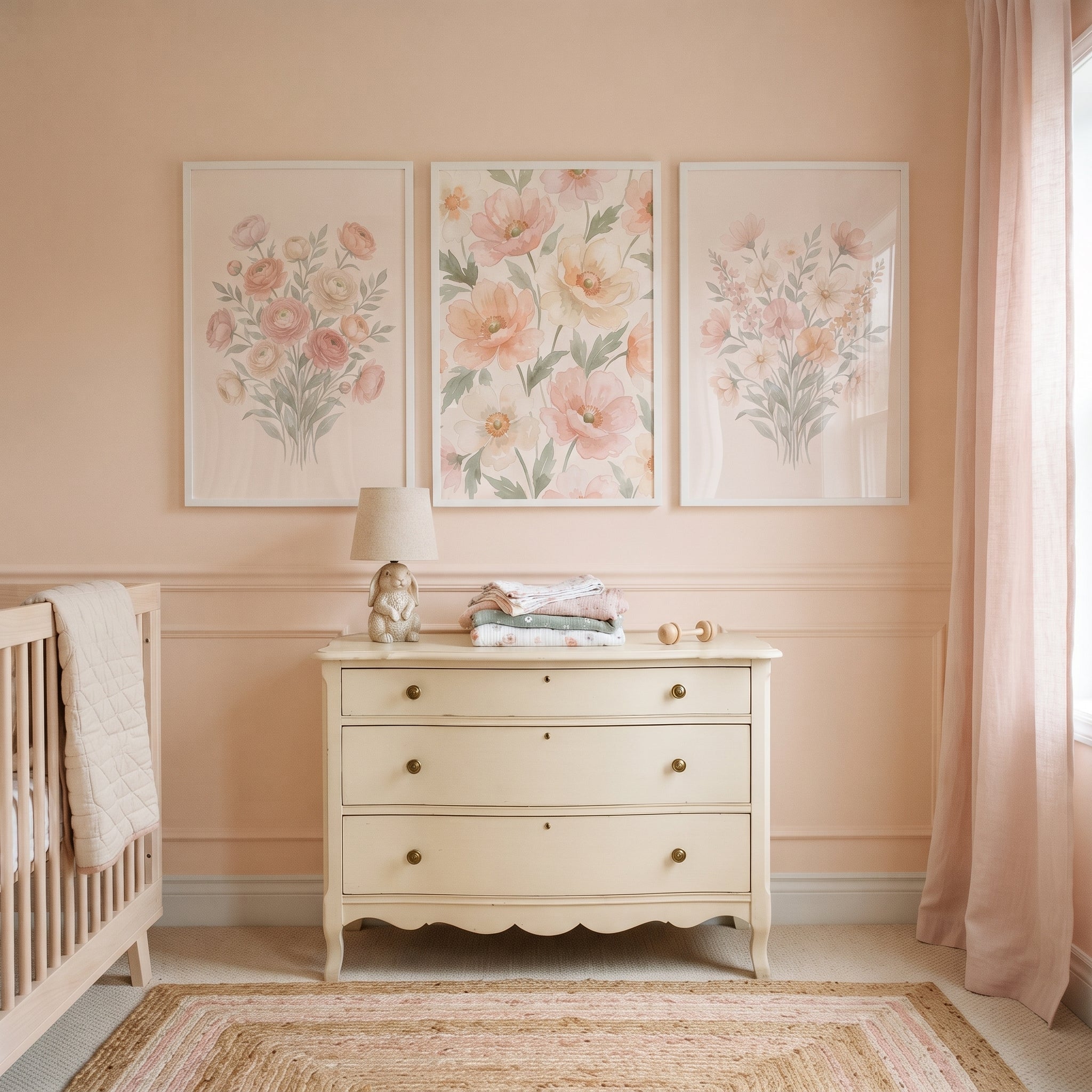 Muted Pastel Botanical Floral Wall Art Set of 3 - Blush Blossom Trio