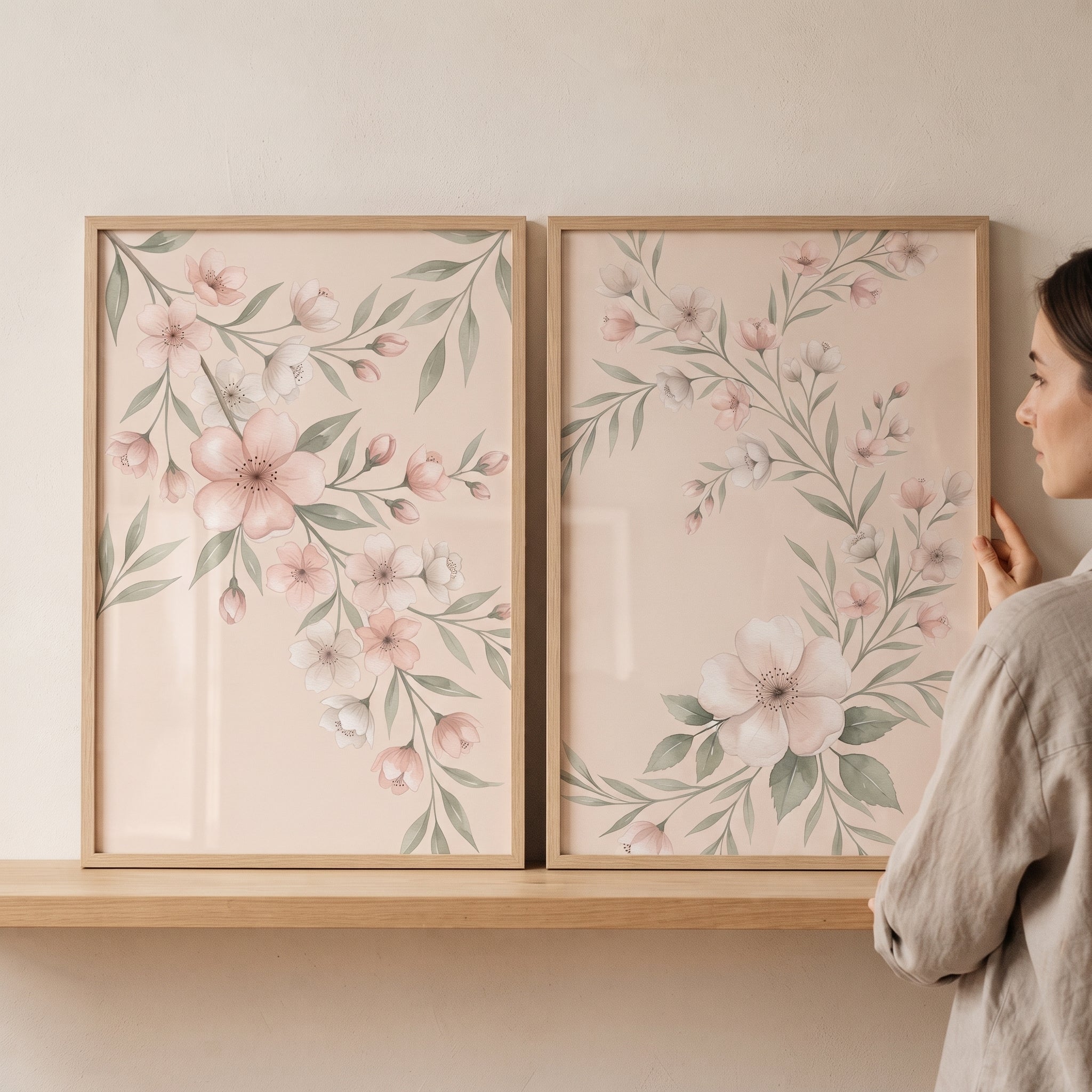 Muted Pastel Cherry Blossom Floral Wall Art Set of 2 - Soft Spring Blossoms