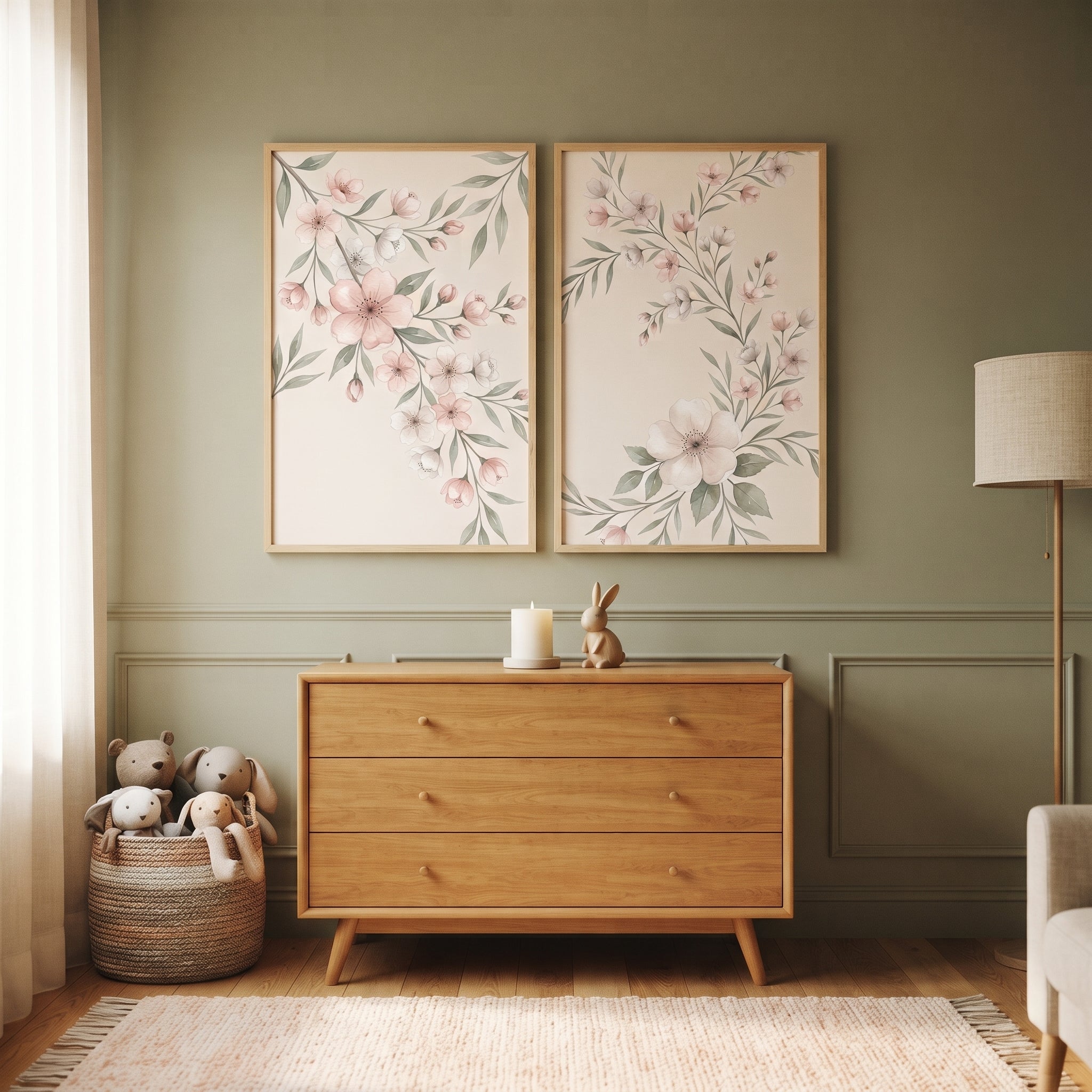 Muted Pastel Cherry Blossom Floral Wall Art Set of 2 - Soft Spring Blossoms