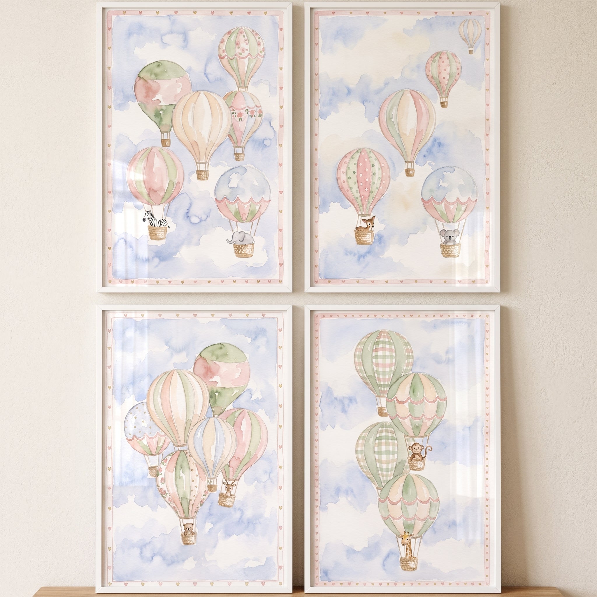 Muted Pastel Safari Animal Wall Art Set Of 4 - Pastel Balloon Safari