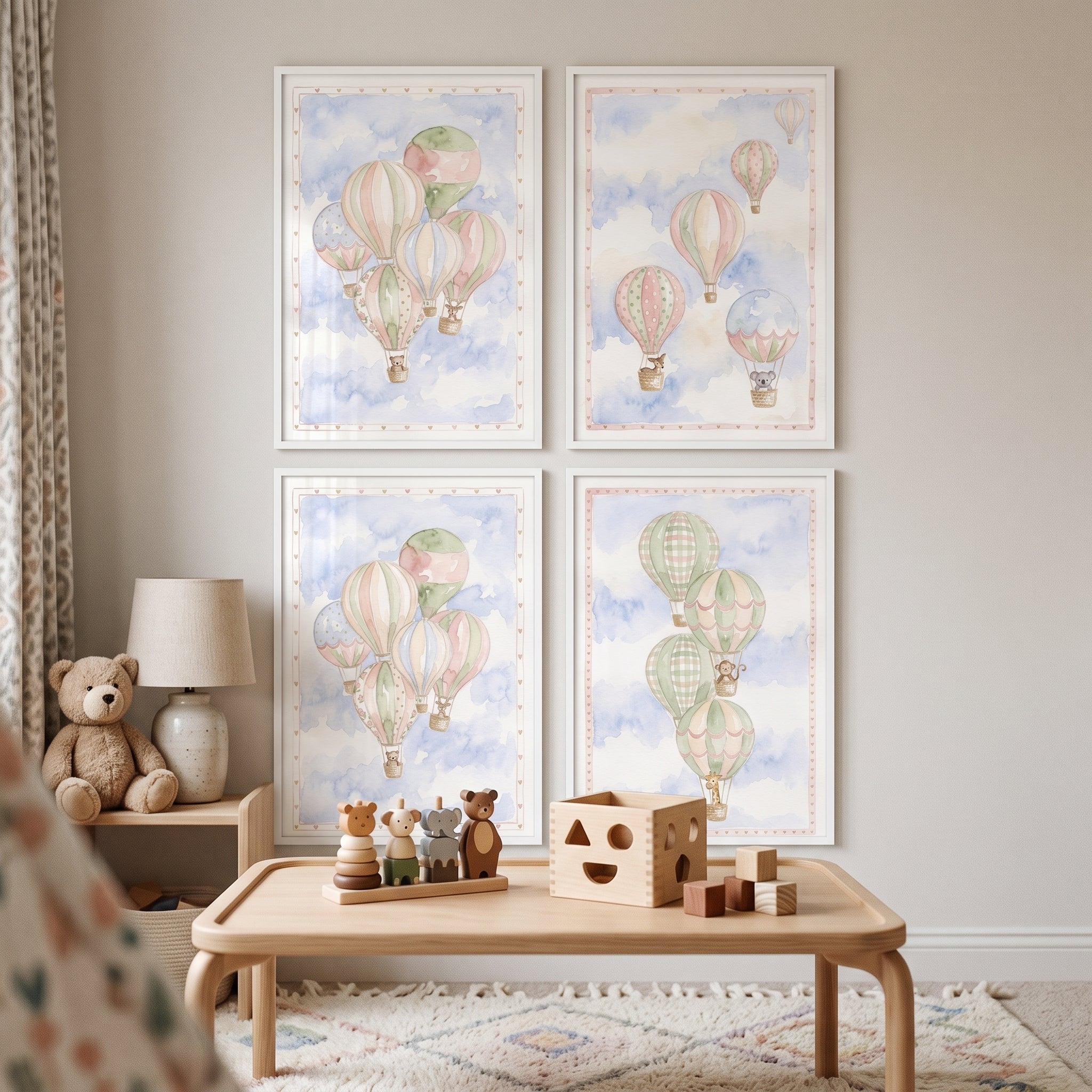Muted Pastel Safari Animal Wall Art Set Of 4 - Pastel Balloon Safari