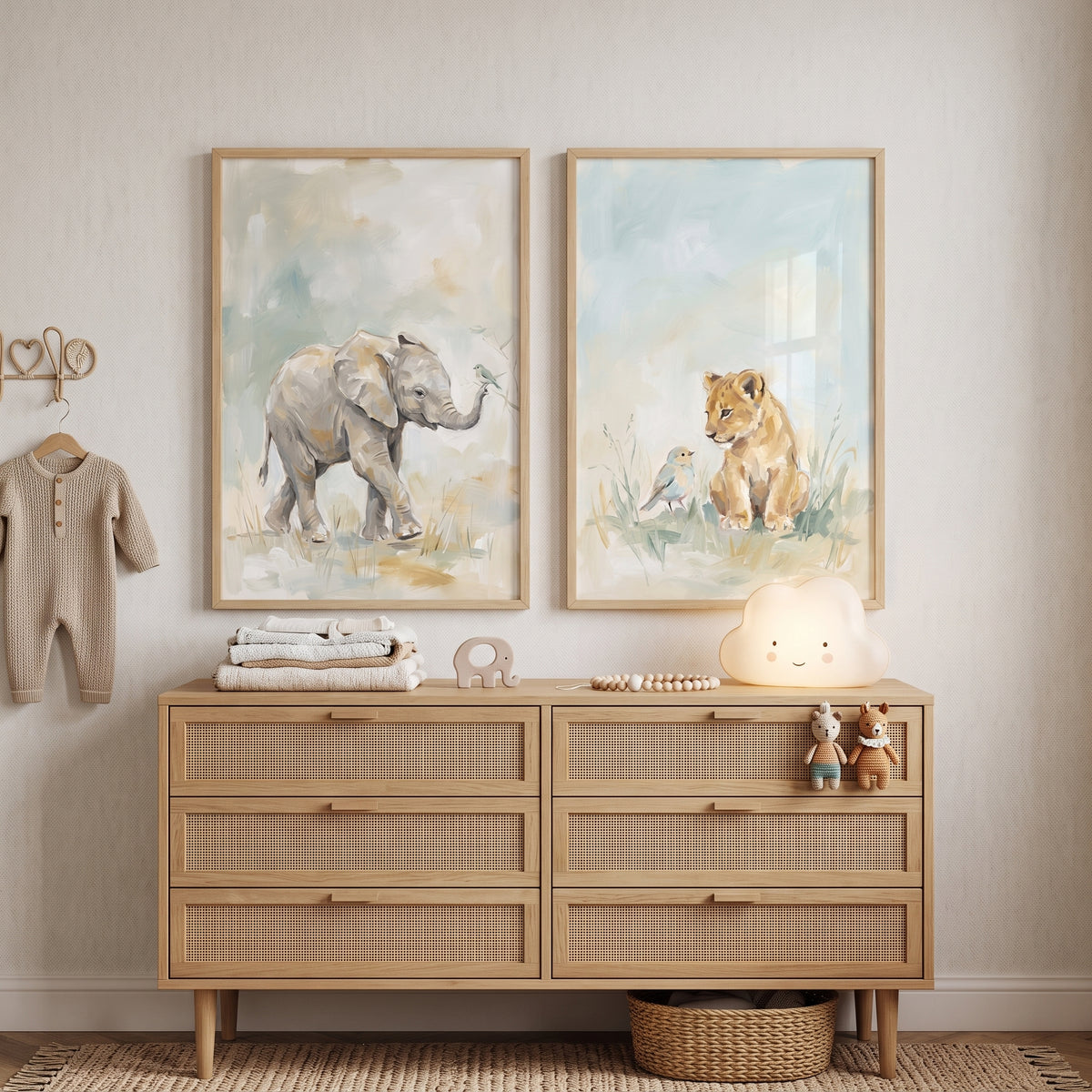 Muted Pastel Safari Animals Wall Art Set Of 2 - Gentle Savannah Friends