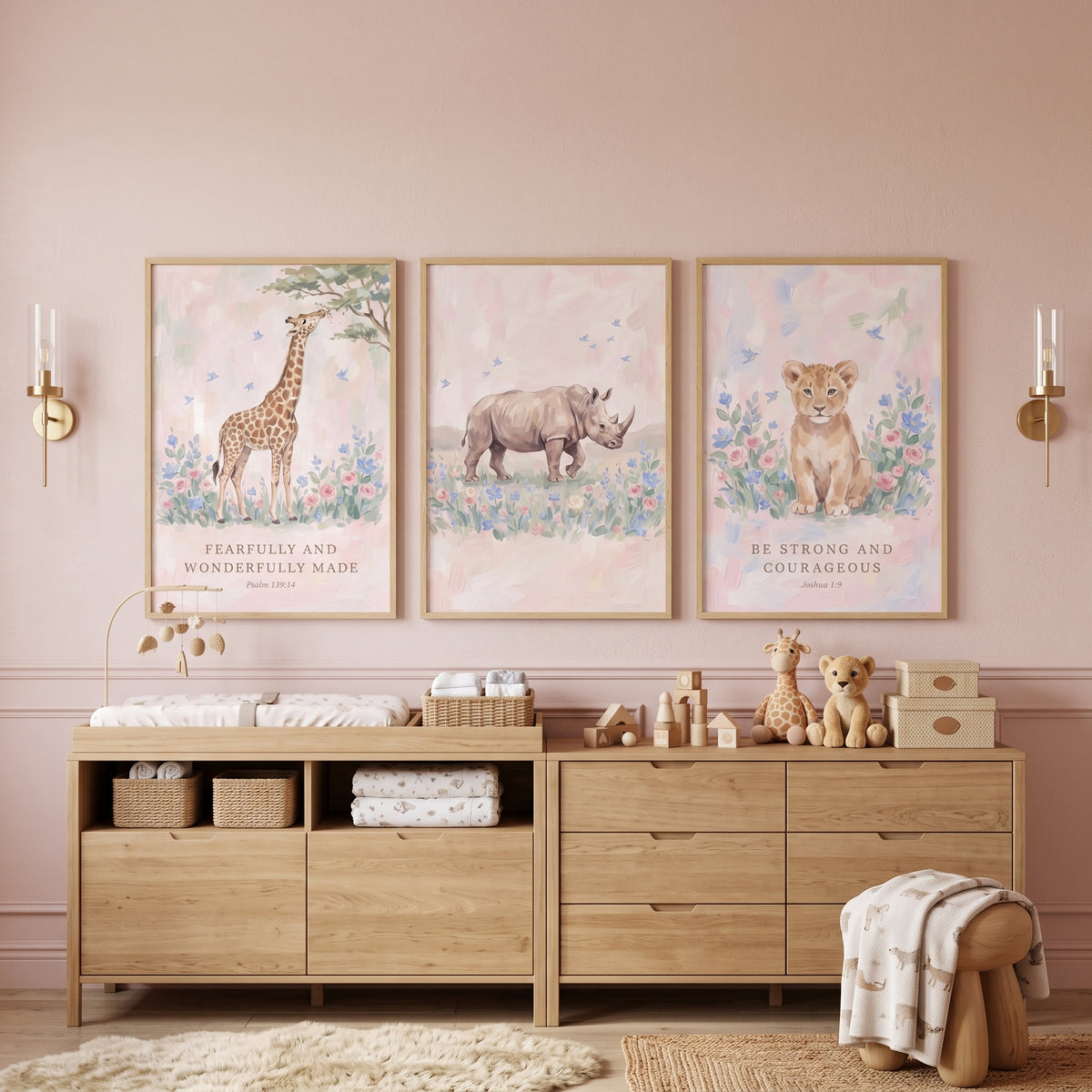 Muted Pastel Safari Animals Wall Art Set Of 3 - Scripture Safari Trio