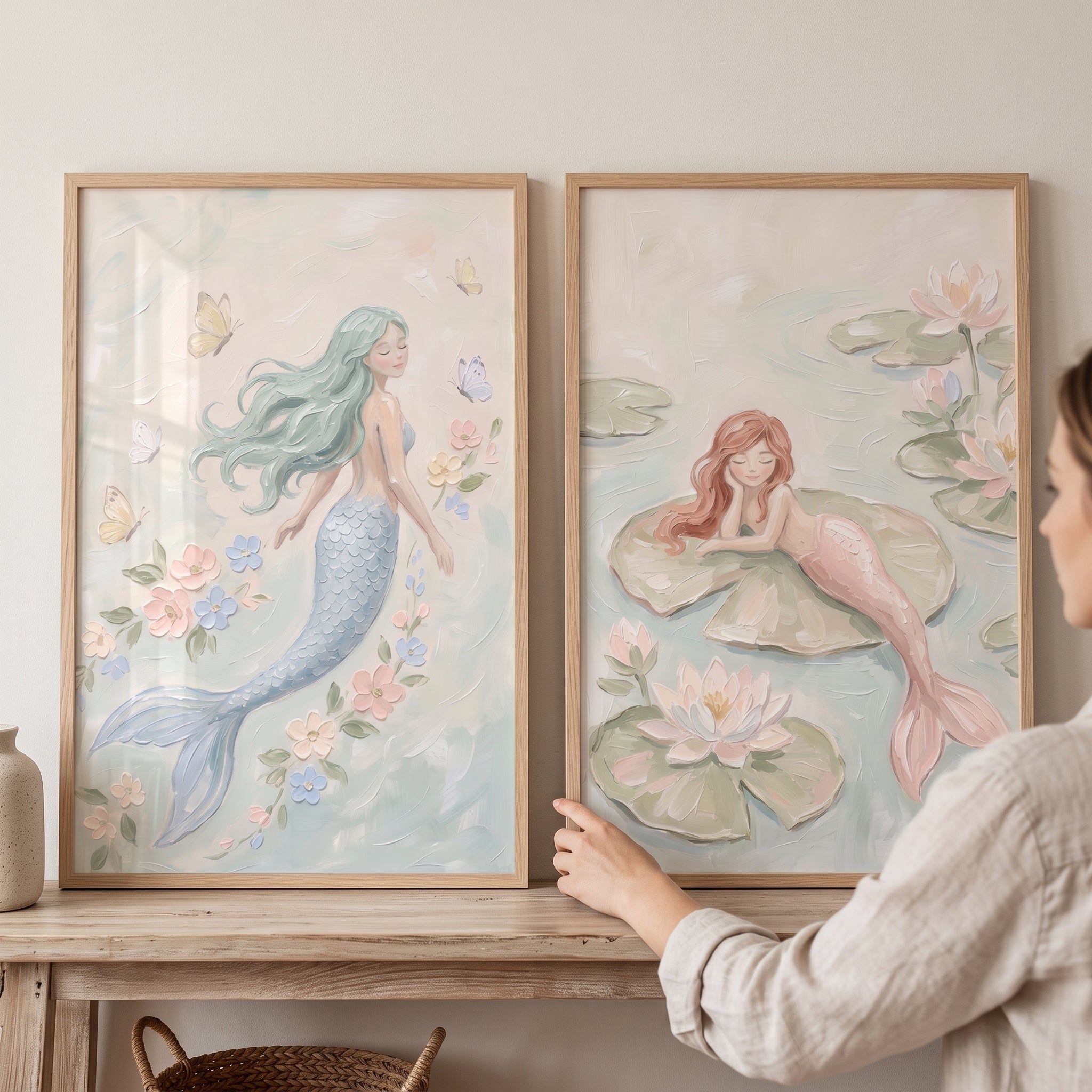 Muted Pastel Serene Mermaid Wall Art Set of 2 - Dreamy Sea Dwellers