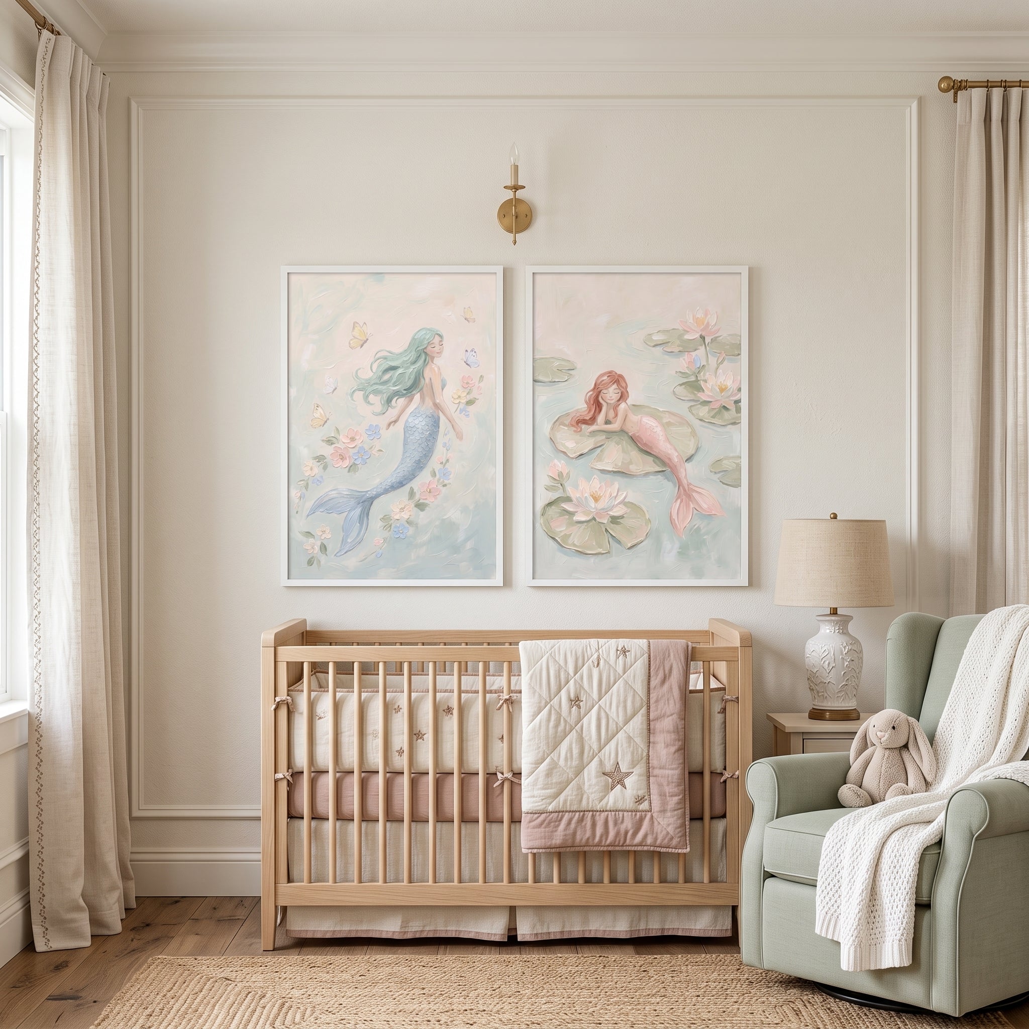 Muted Pastel Serene Mermaid Wall Art Set of 2 - Dreamy Sea Dwellers