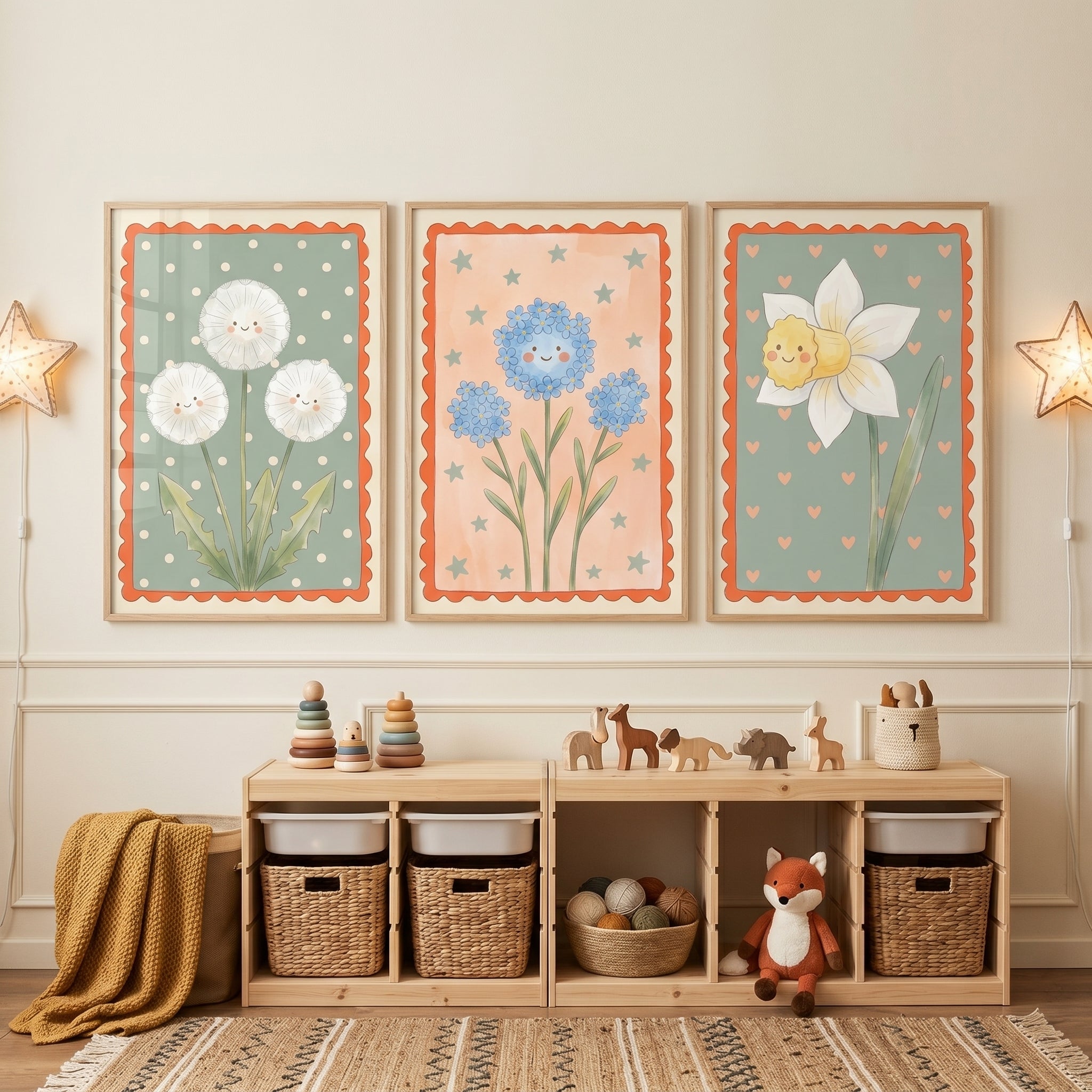 Muted Pastel Smiling Flower Wall Art Set of 3 - Smiling Floral Trio