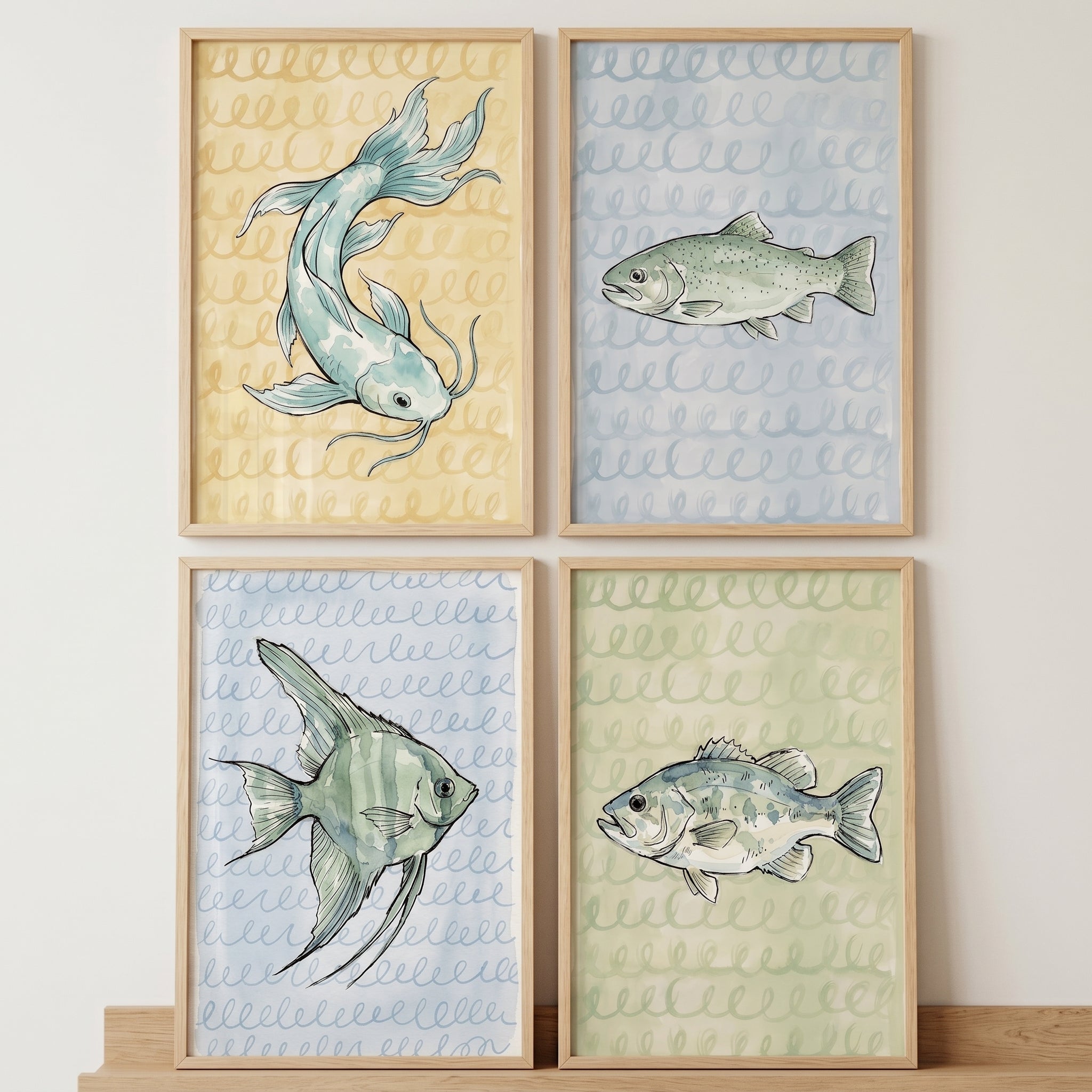 Muted Pastel Watercolor Fish Wall Art Set of 4 - Gentle Aquatic Studies