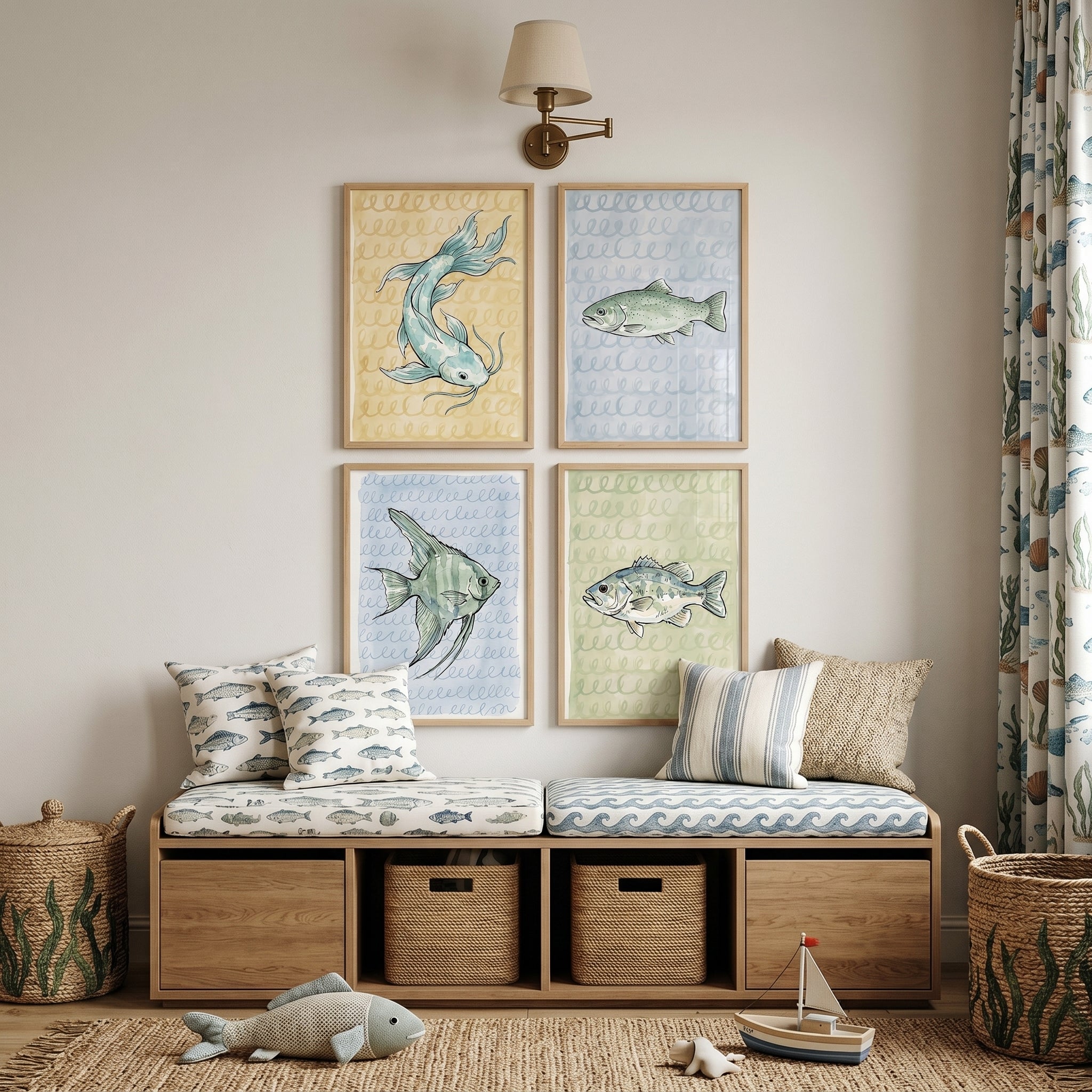 Muted Pastel Watercolor Fish Wall Art Set of 4 - Gentle Aquatic Studies