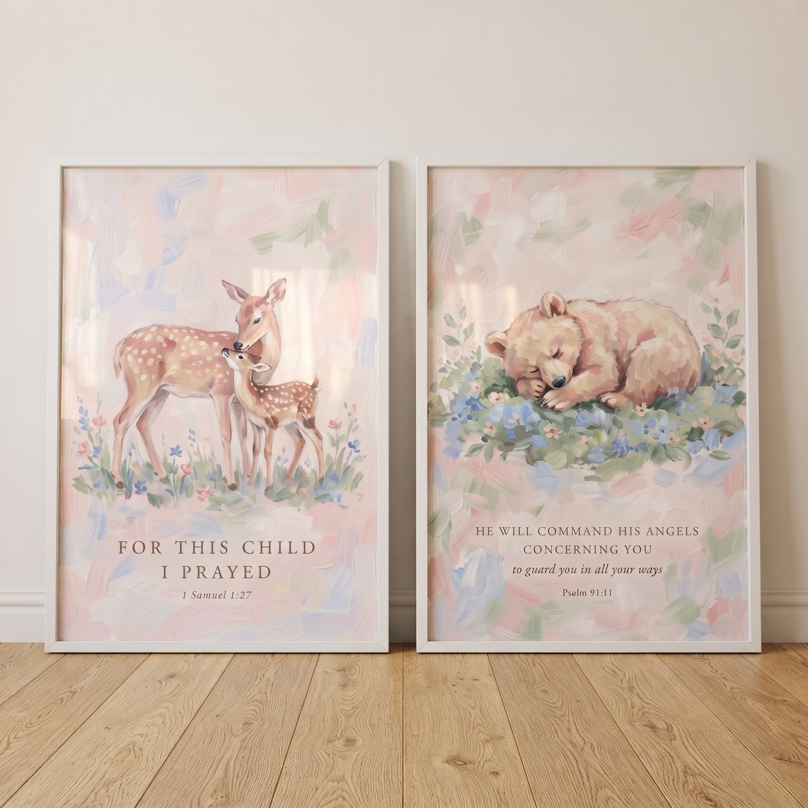 Muted pastel woodland animals wall art set of 2 featuring deer and a sleeping bear with religious quotes.