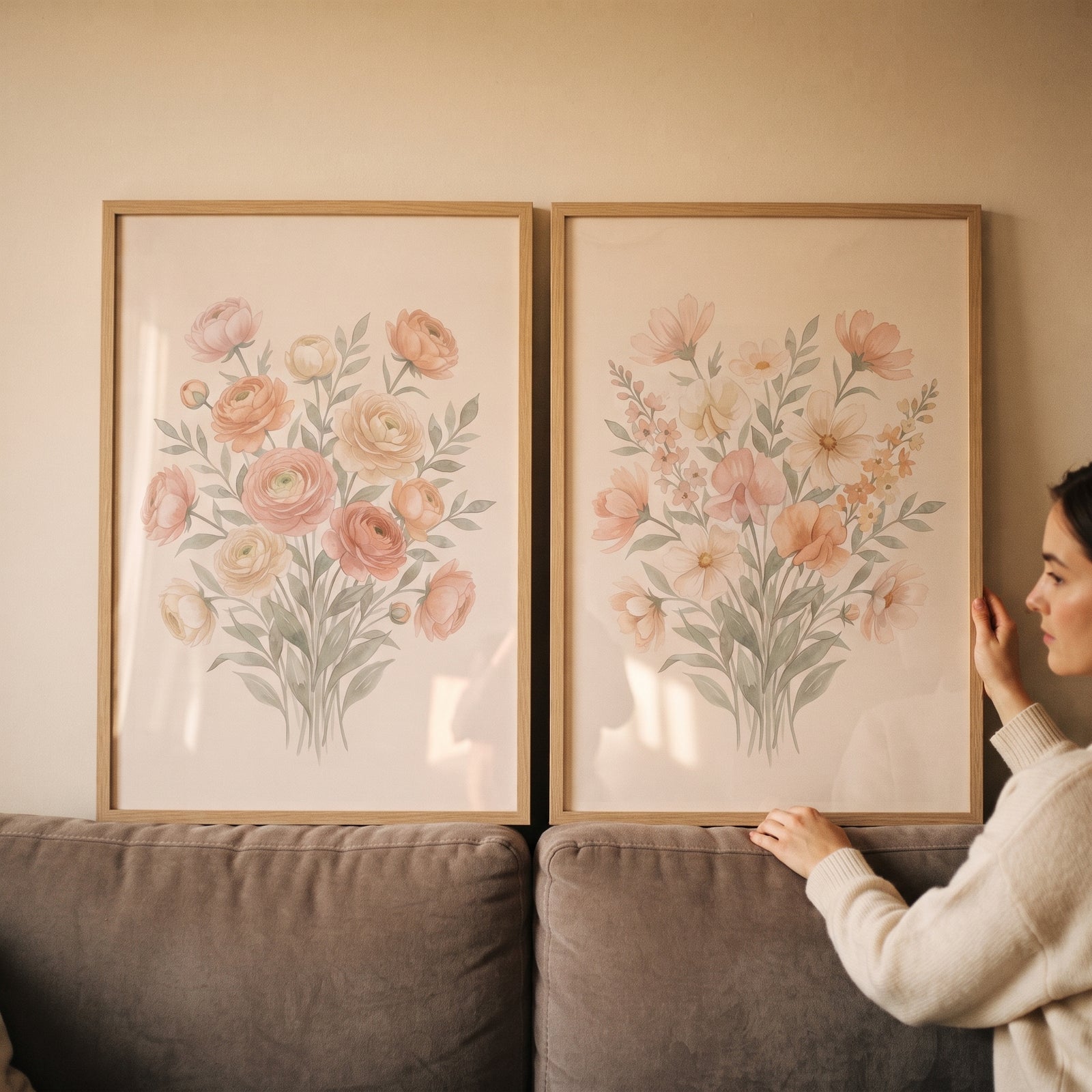 Woman adjusts a muted peach botanical floral wall art set of 2 in light wood frames hanging above a neutral sofa.