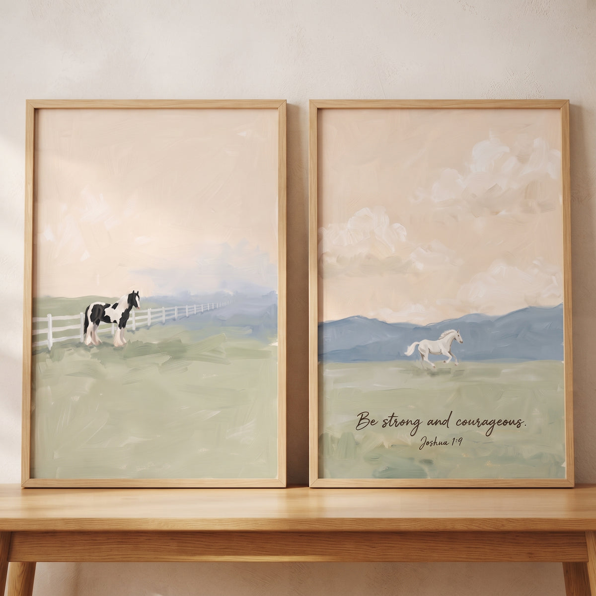 Muted Peach Sage Horses Wall Art Set of 2 - Faithful Meadow Grace