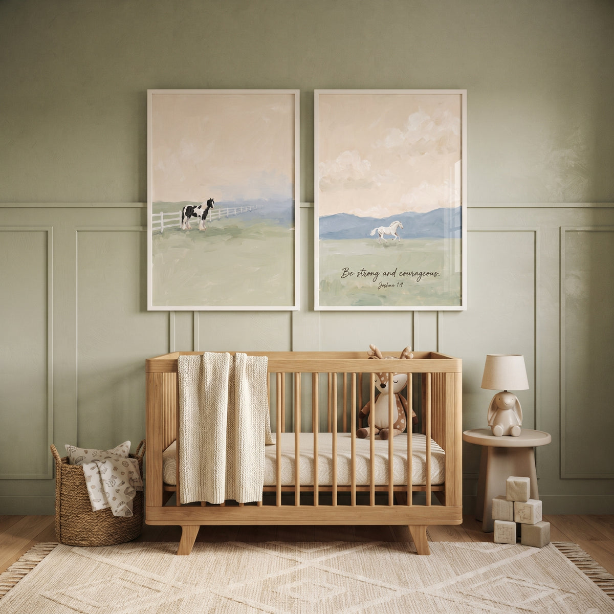 Muted Peach Sage Horses Wall Art Set of 2 - Faithful Meadow Grace