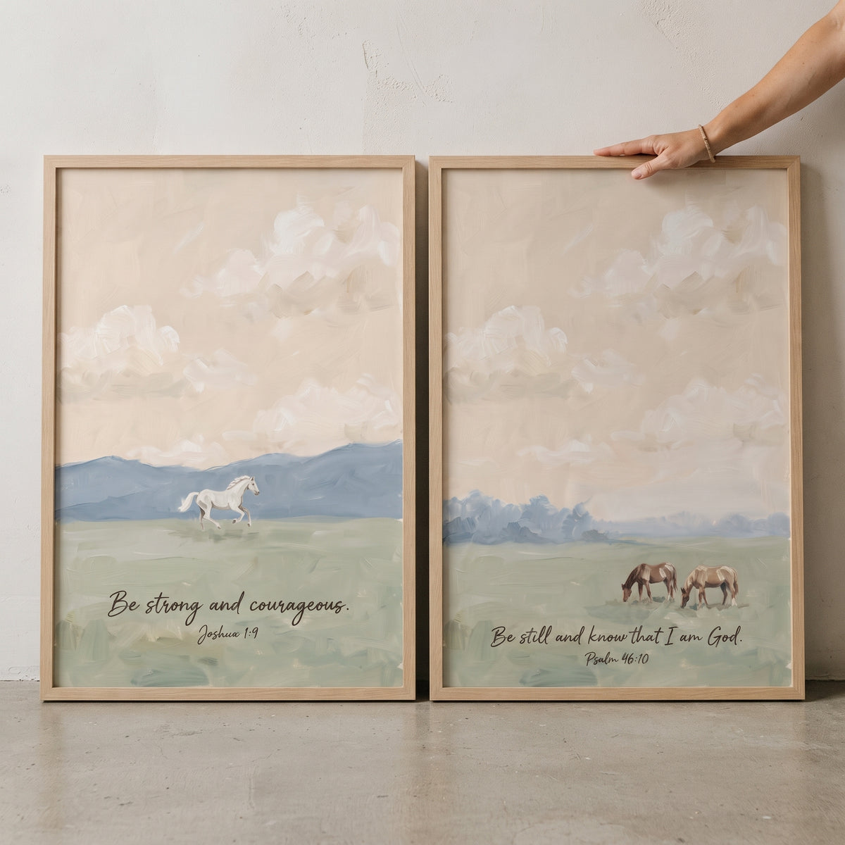 Muted Peach Scripture Horses Wall Art Set of 2 - Serene Scripture Fields