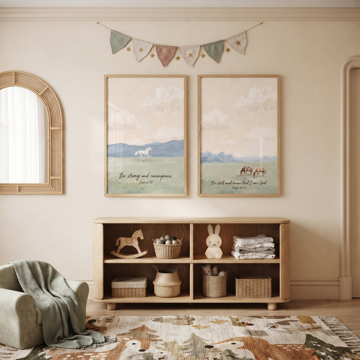 Muted Peach Scripture Horses Wall Art Set of 2 - Serene Scripture Fields