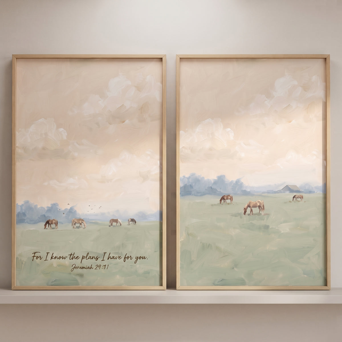 Muted peach sky horses wall art set of 2 depicts horses in a soft field with the Bible verse Jeremiah 29:11.