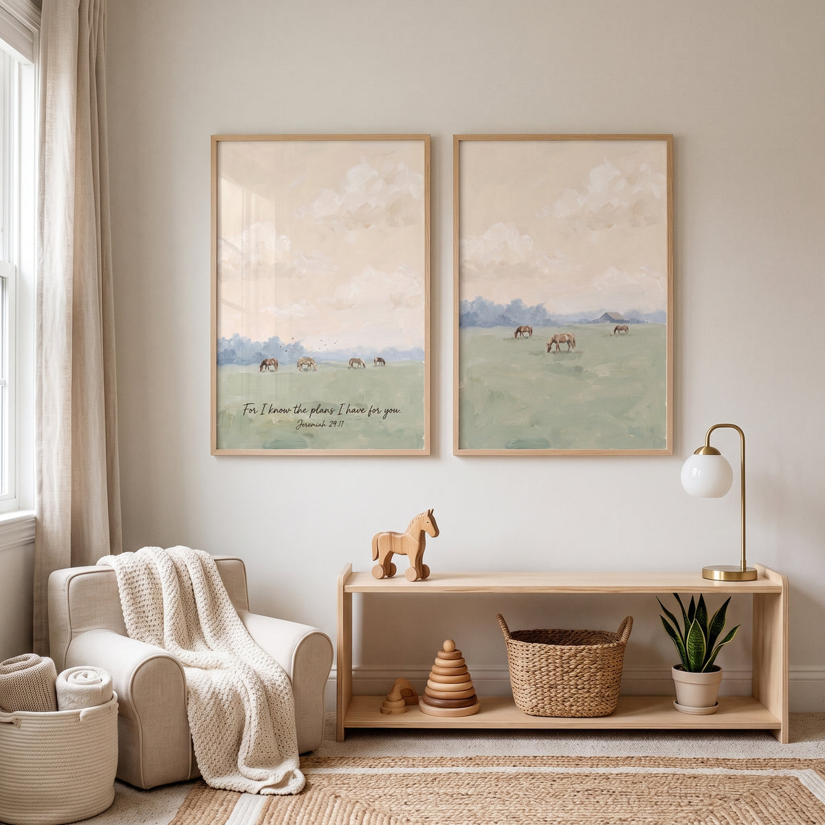 Muted Peach Sky Horses Wall Art Set of 2 - Serene Horse Meadow