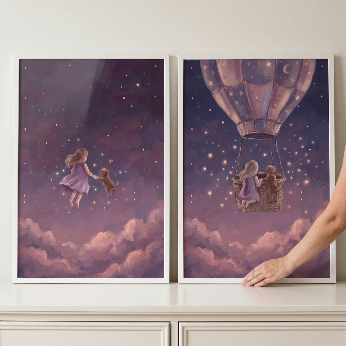Muted plum girl dog wall art set of 2 with a girl and dog floating among stars and riding in a hot air balloon.
