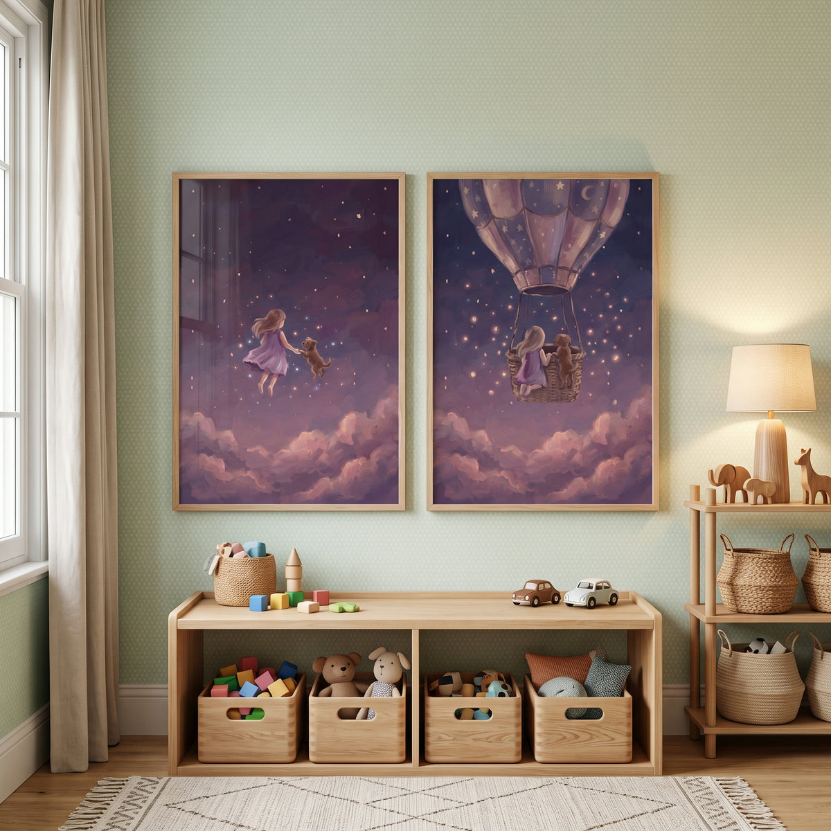 Muted Plum Girl Dog Wall Art Set of 2 - Dreamy Sky Journey
