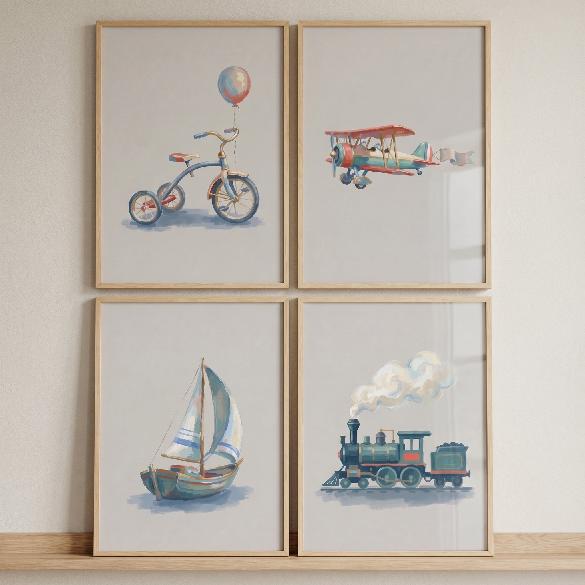 Muted Primary Color Vehicle Artwork Set of 4 - Little Traveler Dreams