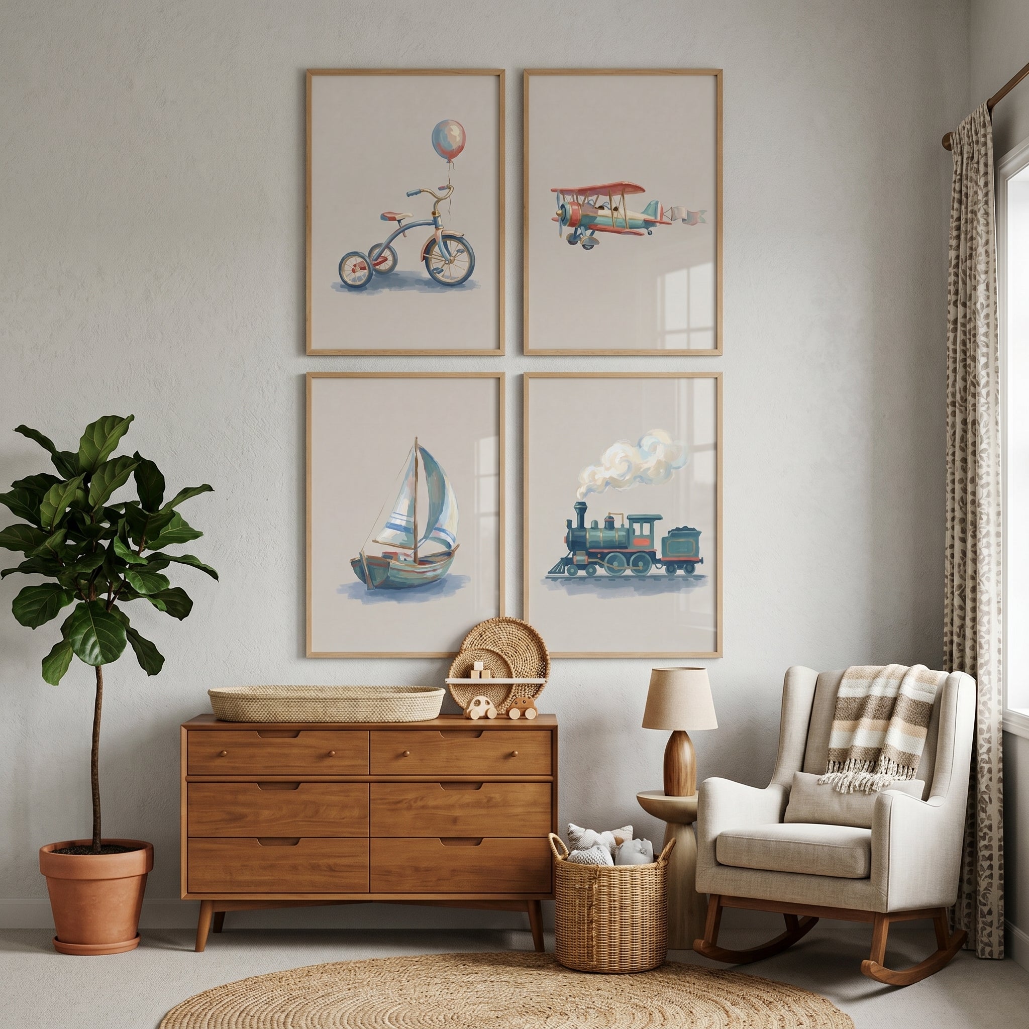 Muted Primary Color Vehicle Artwork Set of 4 - Little Traveler Dreams