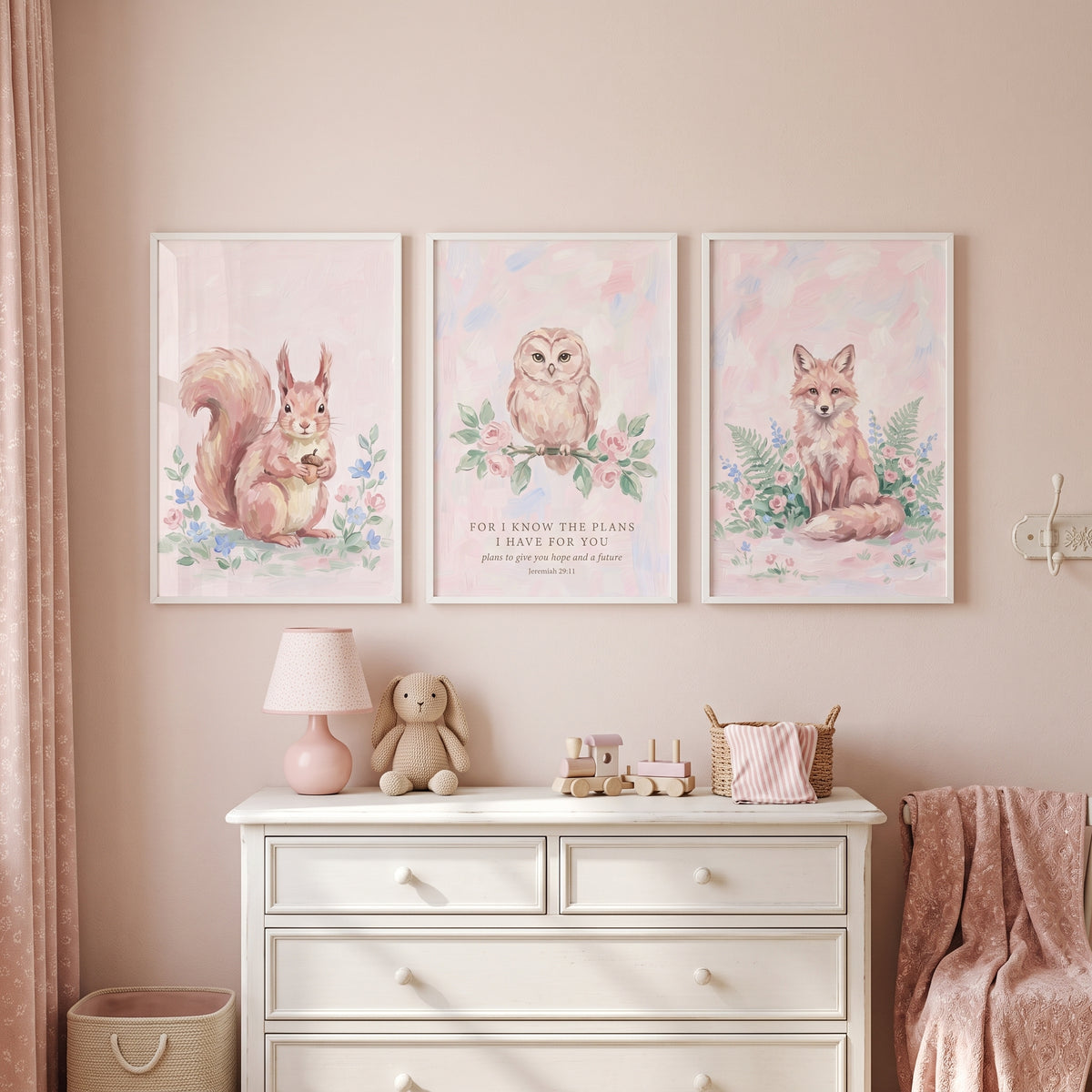 Muted Rose Woodland Animals Wall Art Set of 3 - Soft Forest Scripture