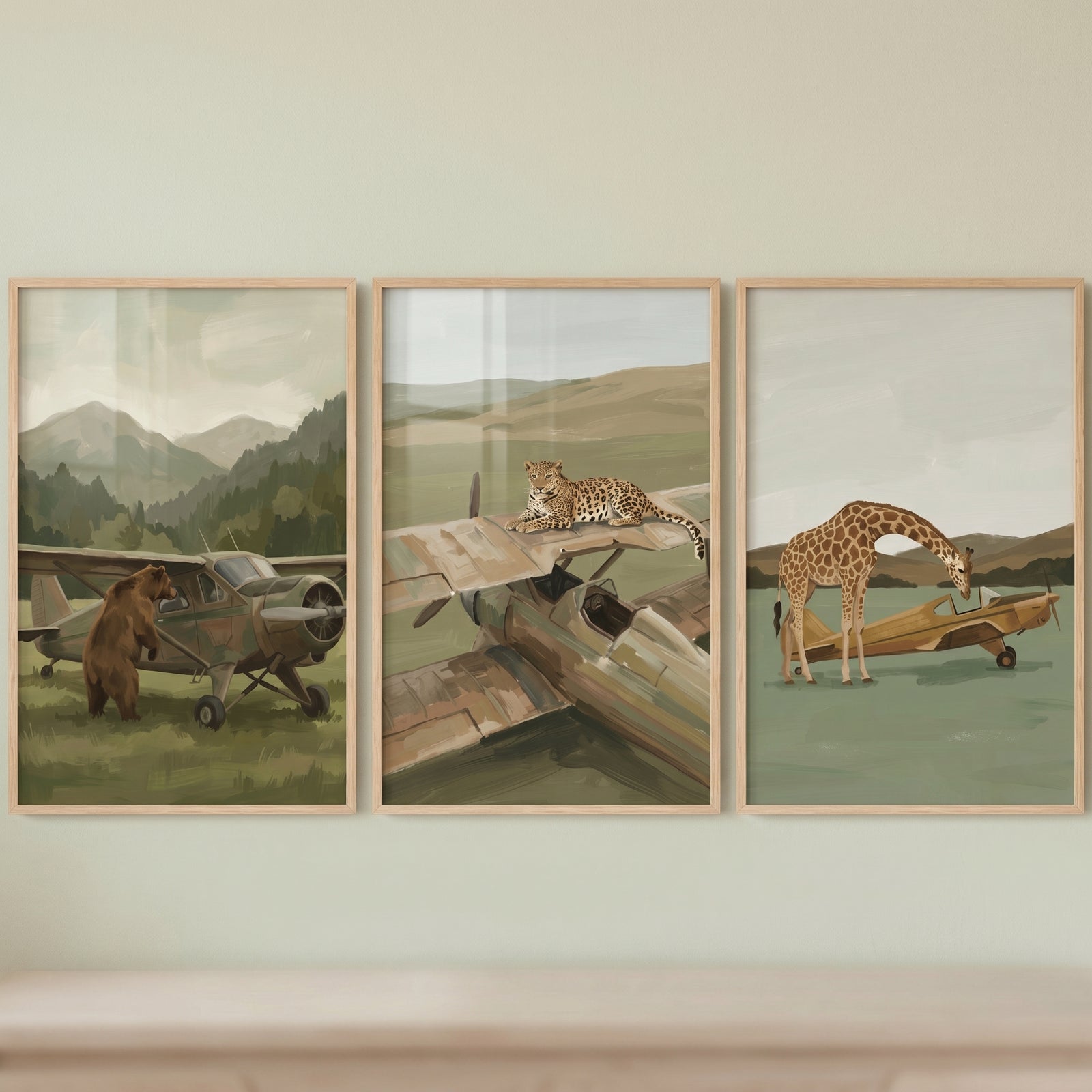 Muted safari animal airplane wall art set of 3 showing a bear, leopard, and giraffe with old-fashioned planes.