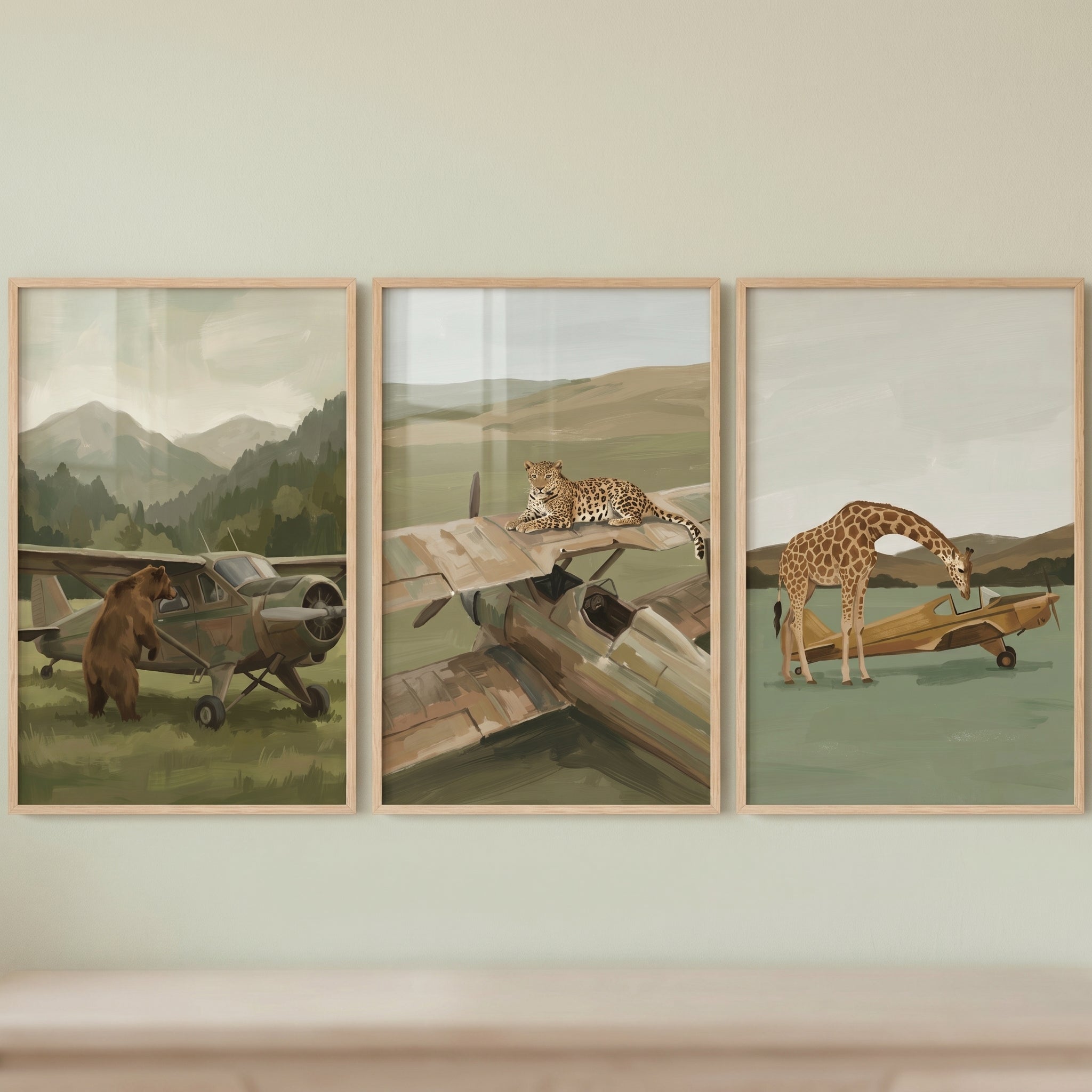 Muted Safari Animal Airplane Wall Art Set of 3 - Wild Skies Explorers
