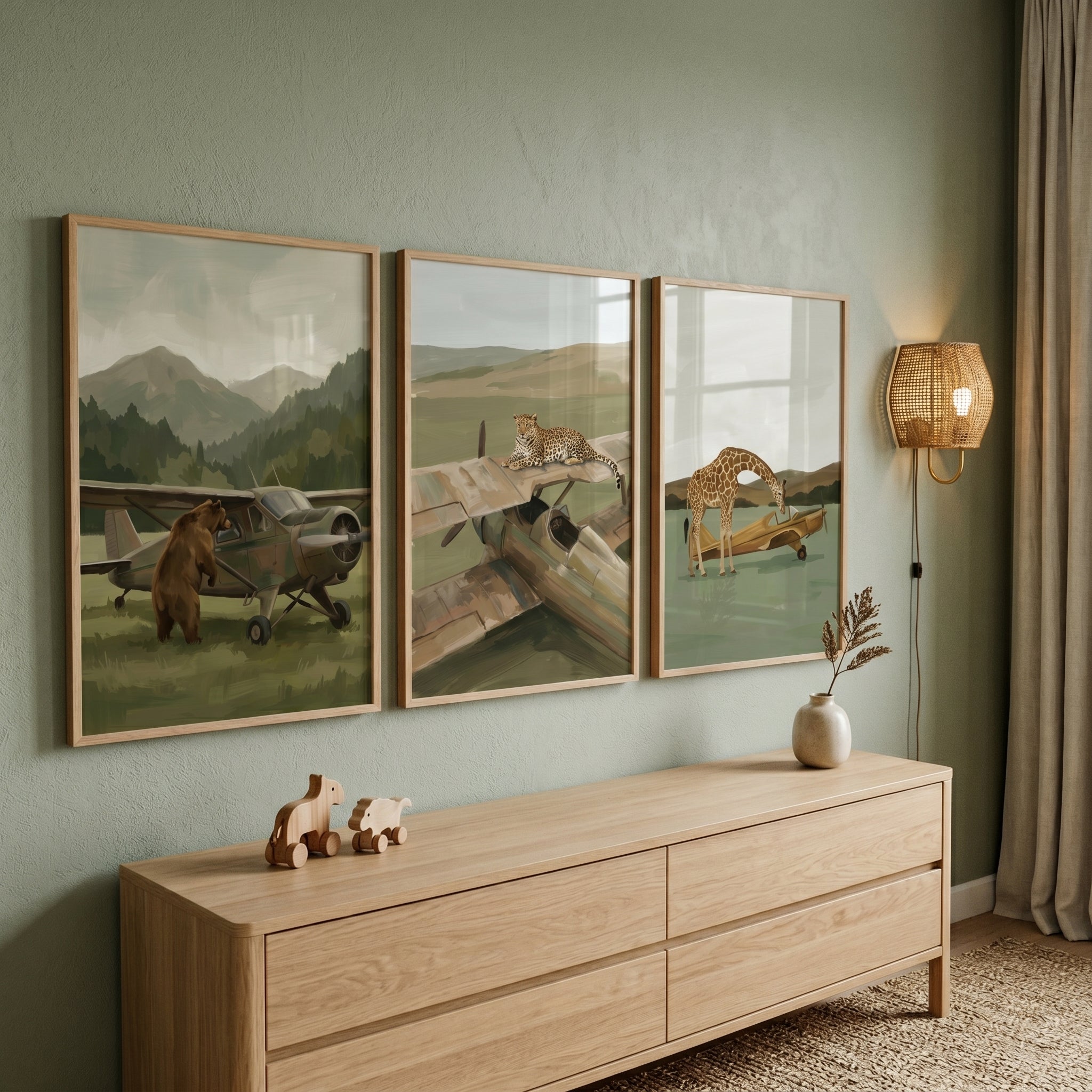 Muted Safari Animal Airplane Wall Art Set of 3 - Wild Skies Explorers