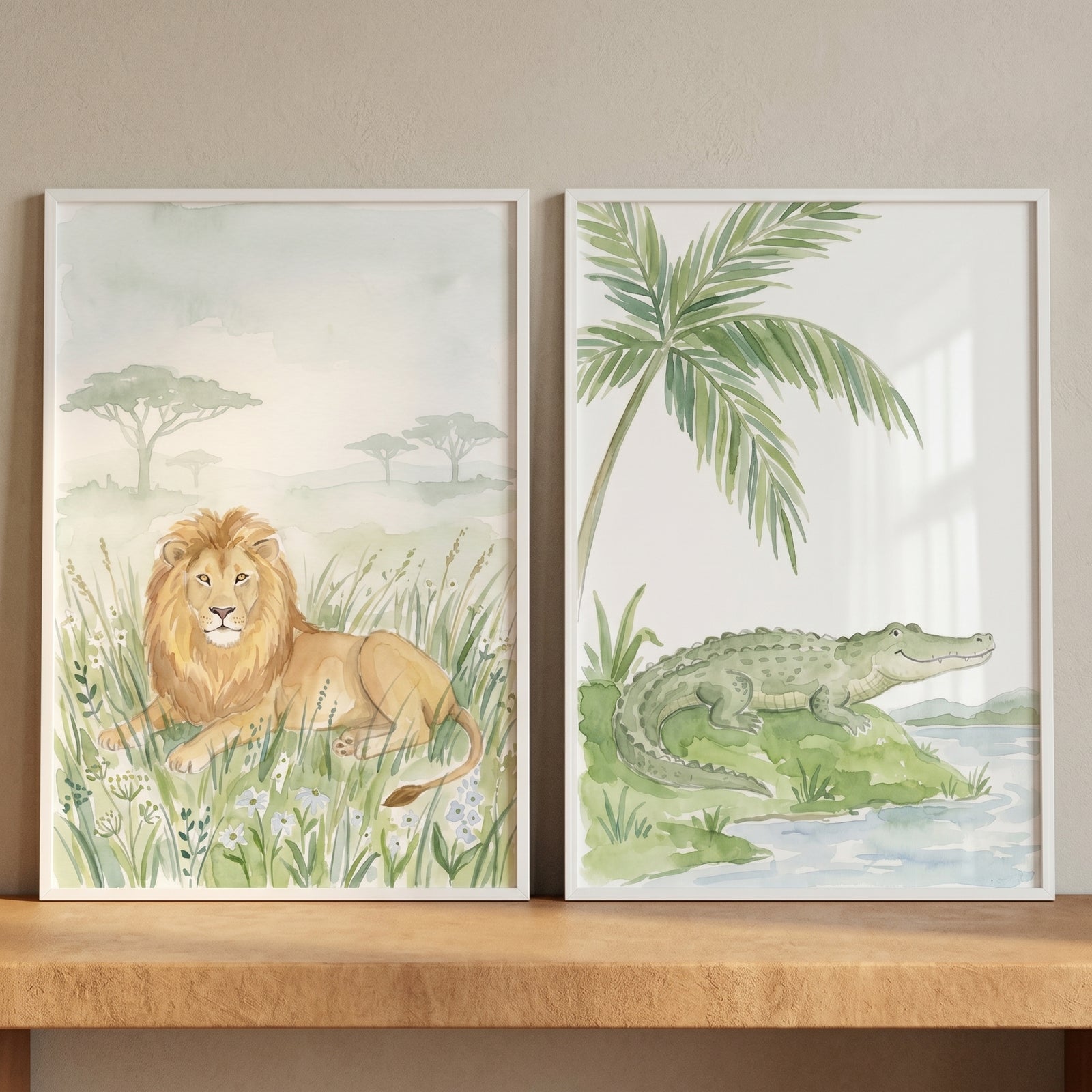 Muted safari animal wall art set of 2 featuring a lion in grass and a crocodile near water in watercolor style.