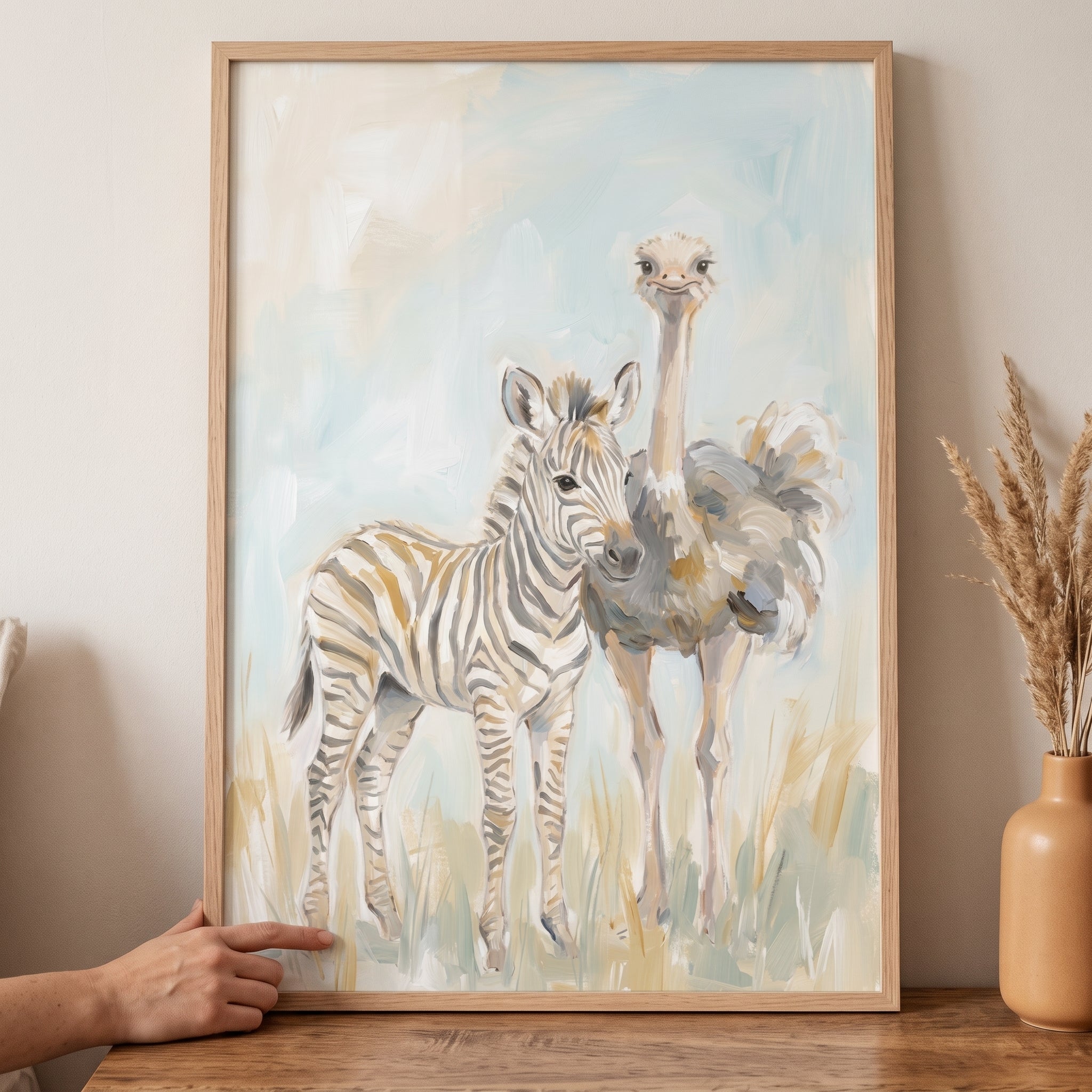 Muted Safari Zebra Ostrich Animals Wall Art - Stripes And Feathers