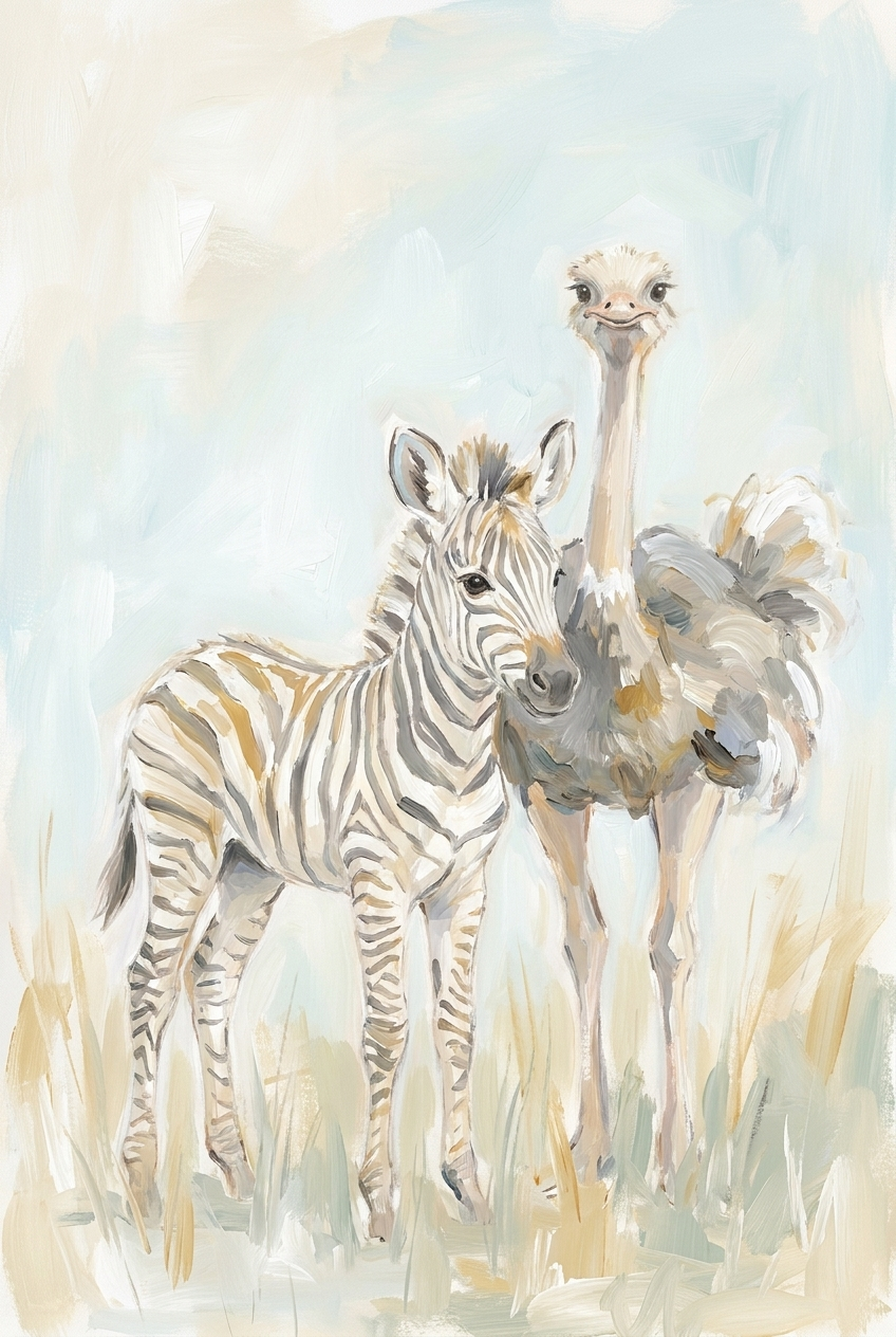 Muted Safari Zebra Ostrich Animals Wall Art - Stripes And Feathers