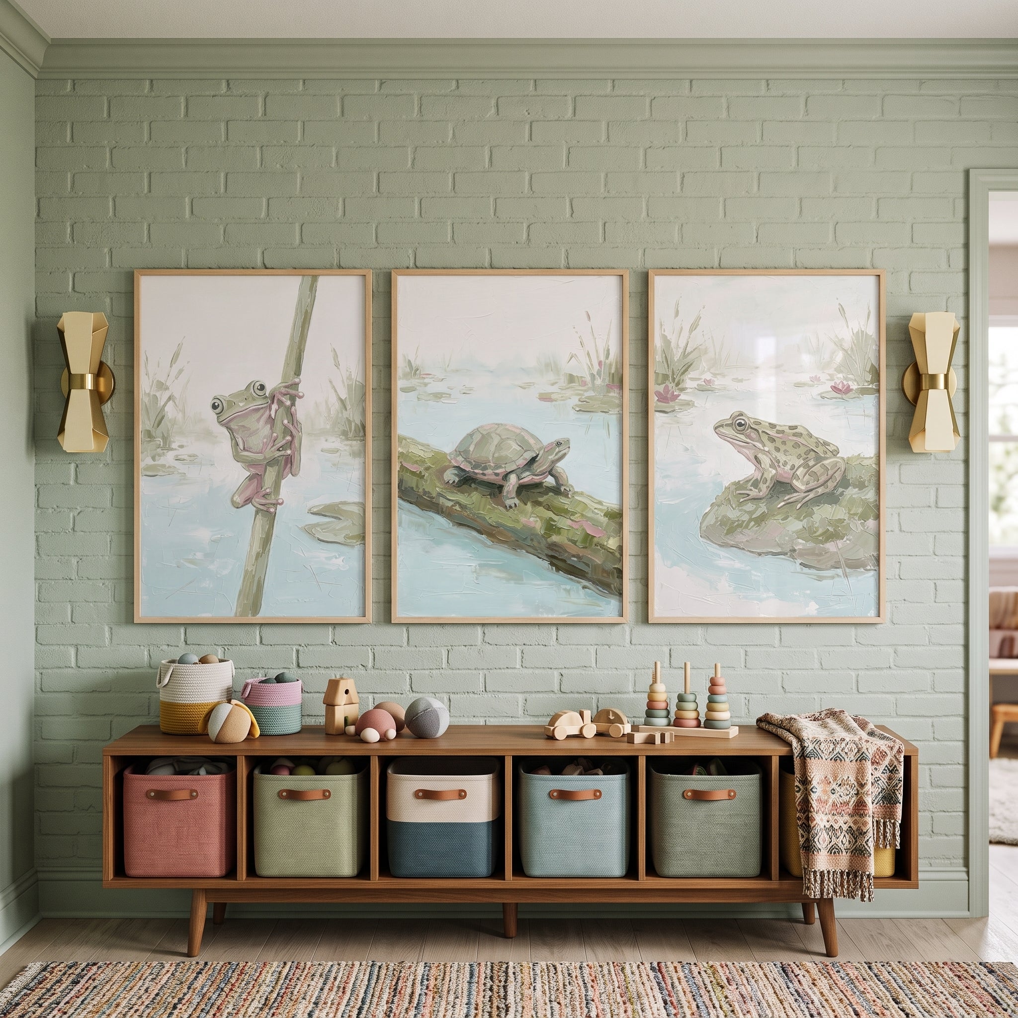 Muted Sage Aquatic Animals Wall Art Set of 3 - Peaceful Wetland Life