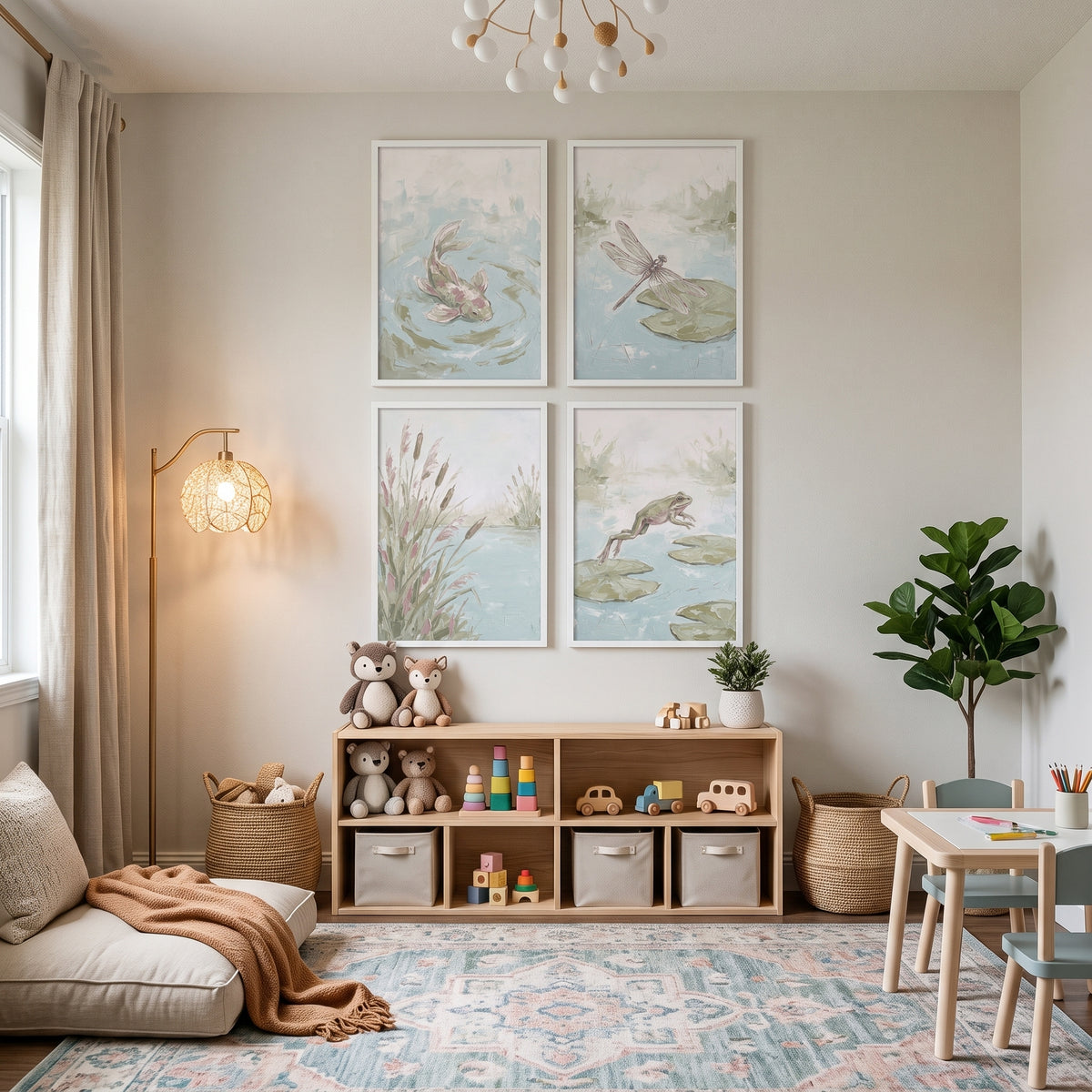 Muted Sage Aquatic Pond Wall Art Set of 4 - Quiet Lily Pond