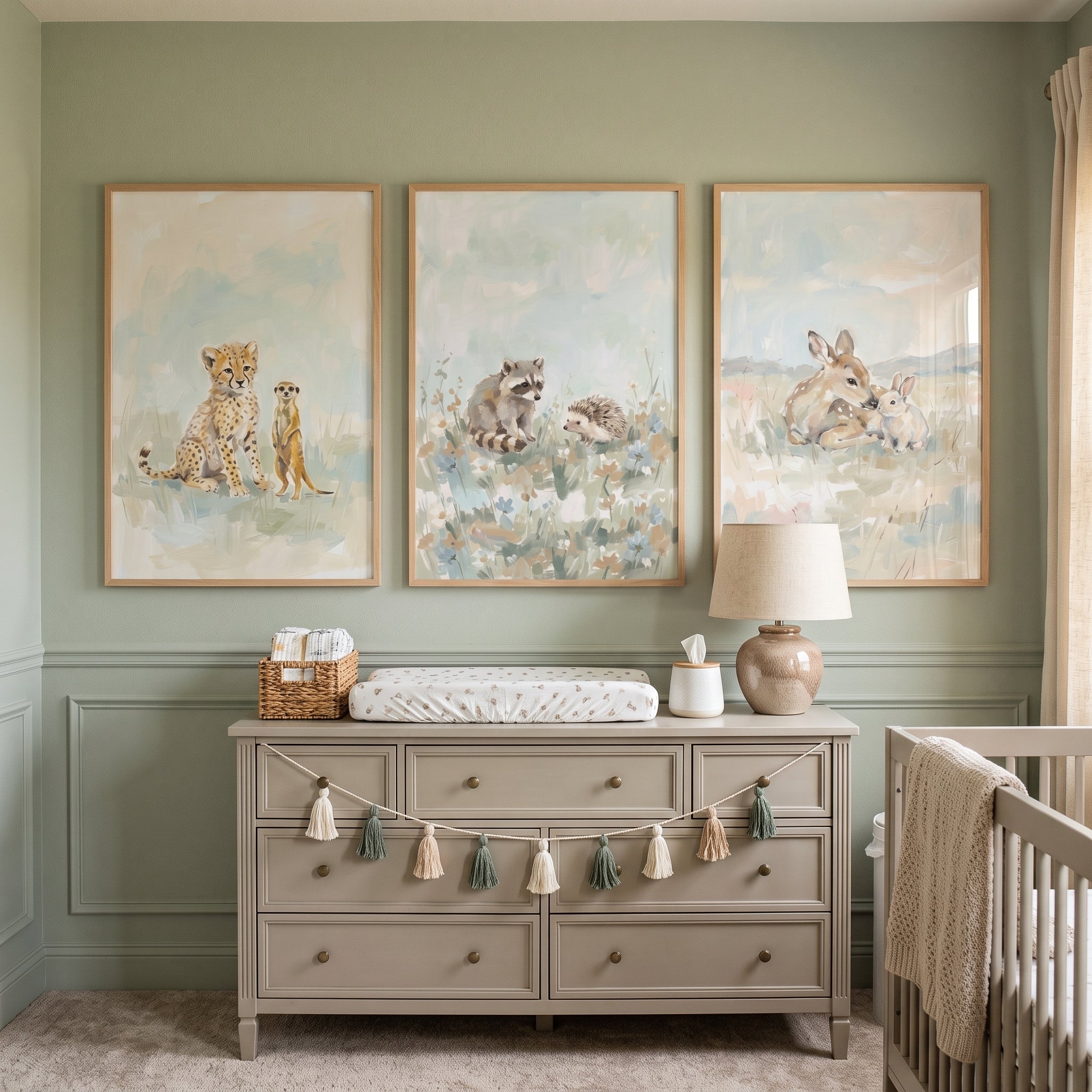 Muted Sage Baby Animals Wall Art Set Of 3 - Meadow Friends Trio