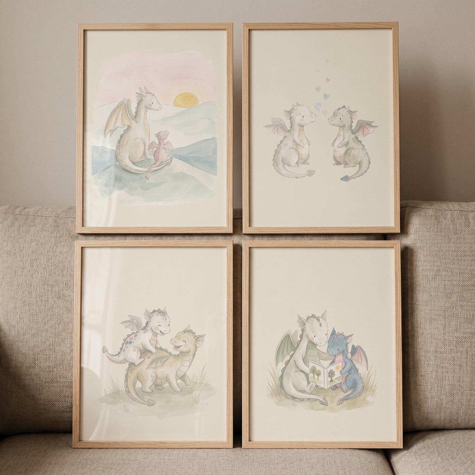 Muted sage baby dragon wall art set of 4 featuring watercolor illustrations of dragons in light wood frames.