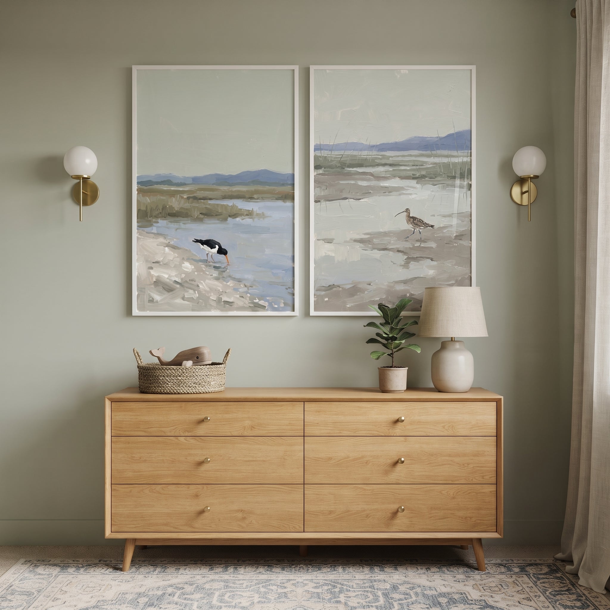 Muted Sage Coastal Bird Wall Art Set of 2 - Coastal Bird Duo