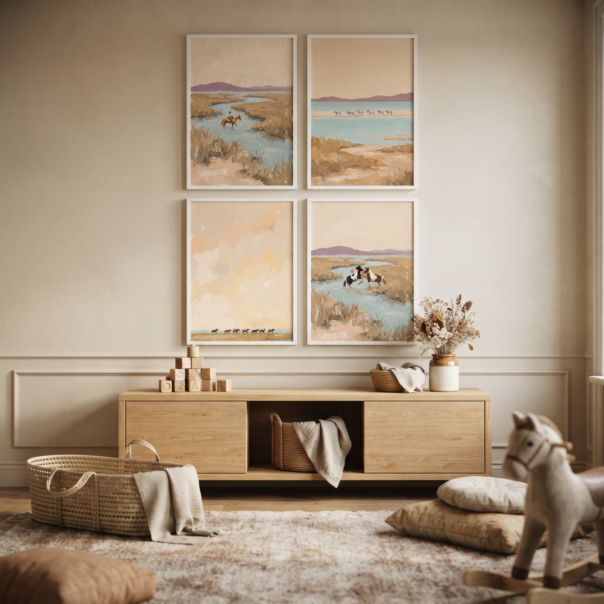 Muted Sage Coastal Horses Wall Art Set of 4 - Wild Marsh Equines