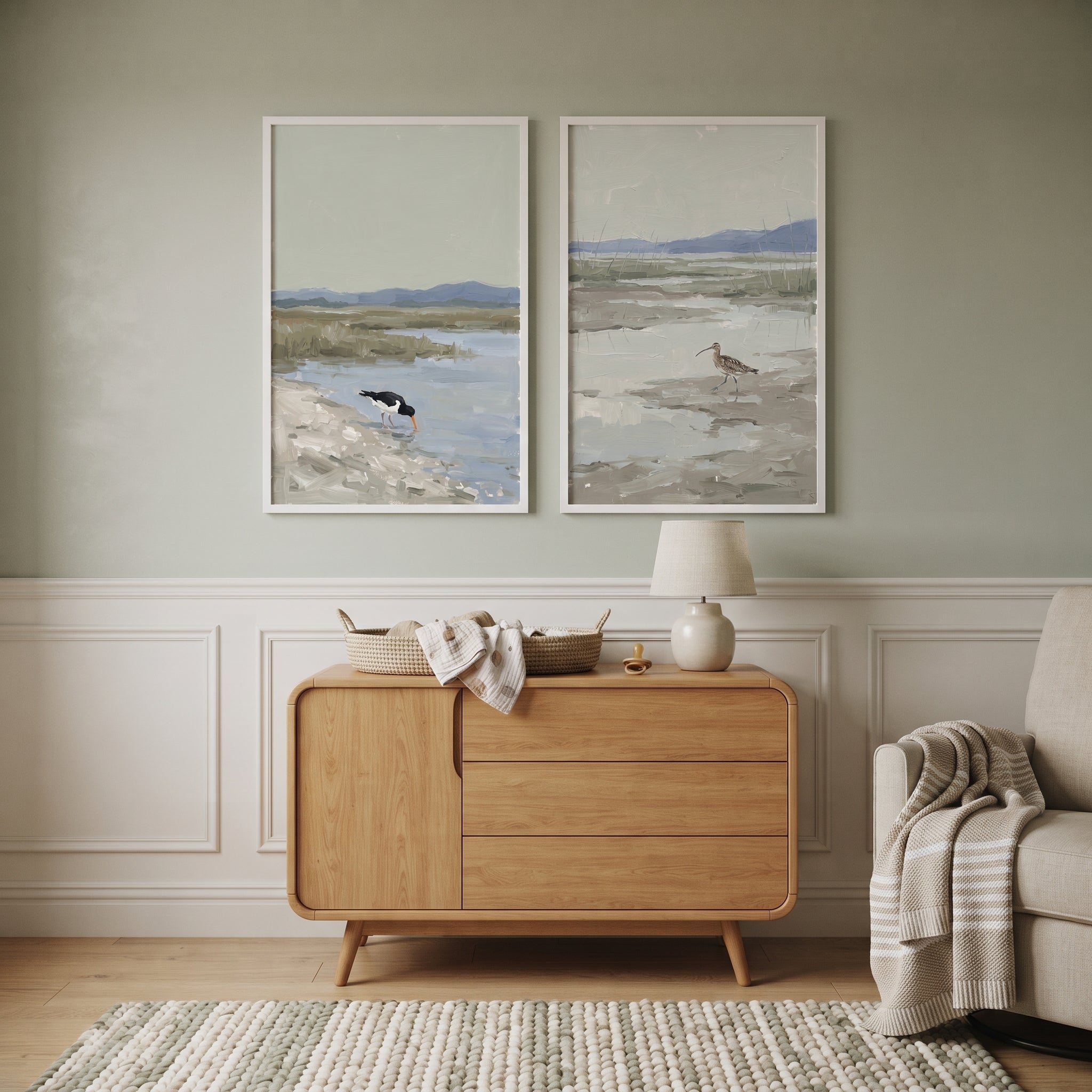 Muted Sage Coastal Shorebird Wall Art Set of 2 - Serene Shoreline Life