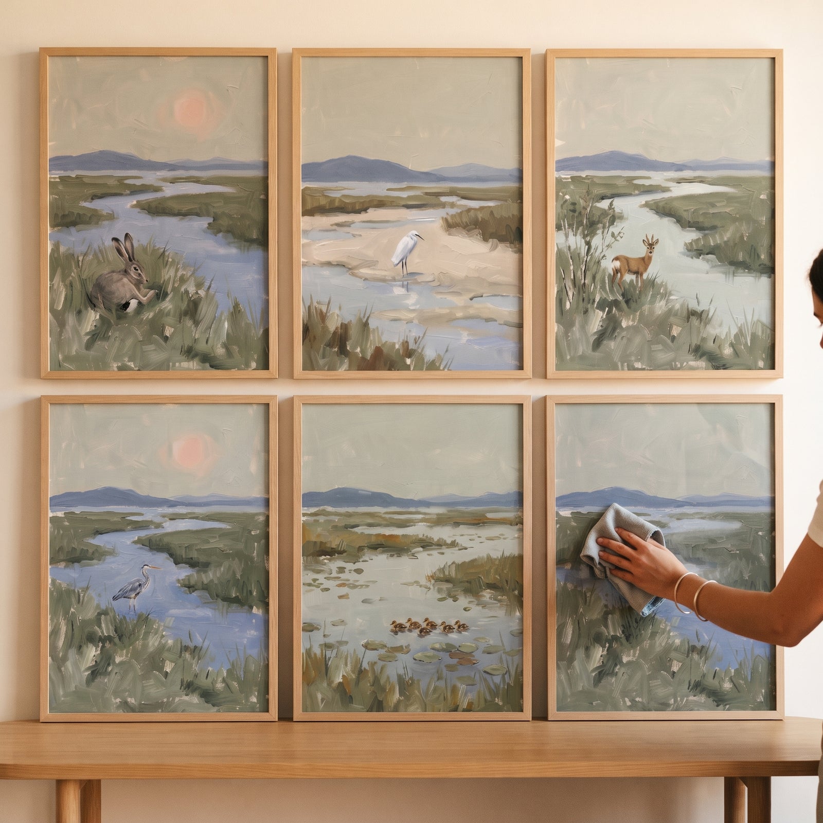 Framed muted sage coastal wildlife animals wall art set of 6 featuring marsh scenes with a rabbit, deer, and wading birds.