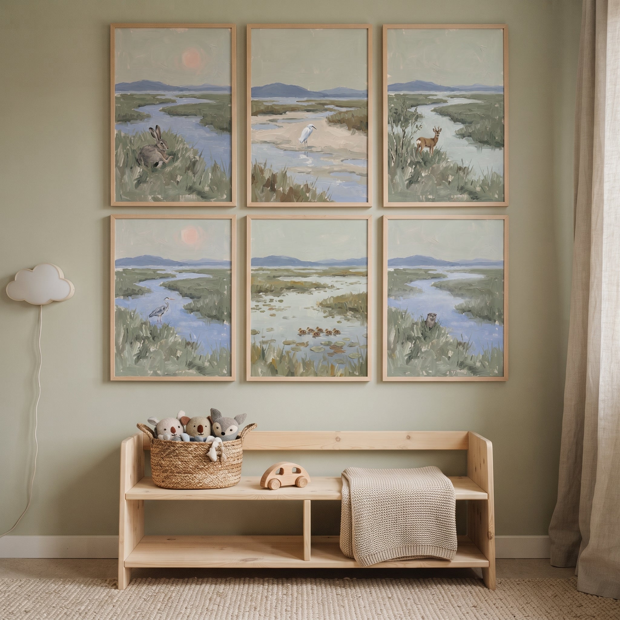 Muted Sage Coastal Wildlife Animals Wall Art Set of 6 - Quiet River Wilds