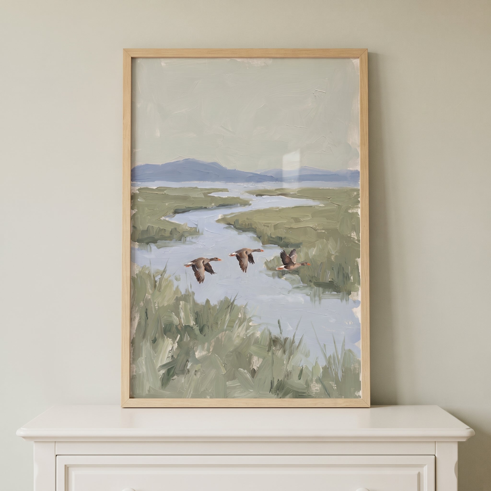 Muted Sage Flying Geese Artwork - Marshland Flight